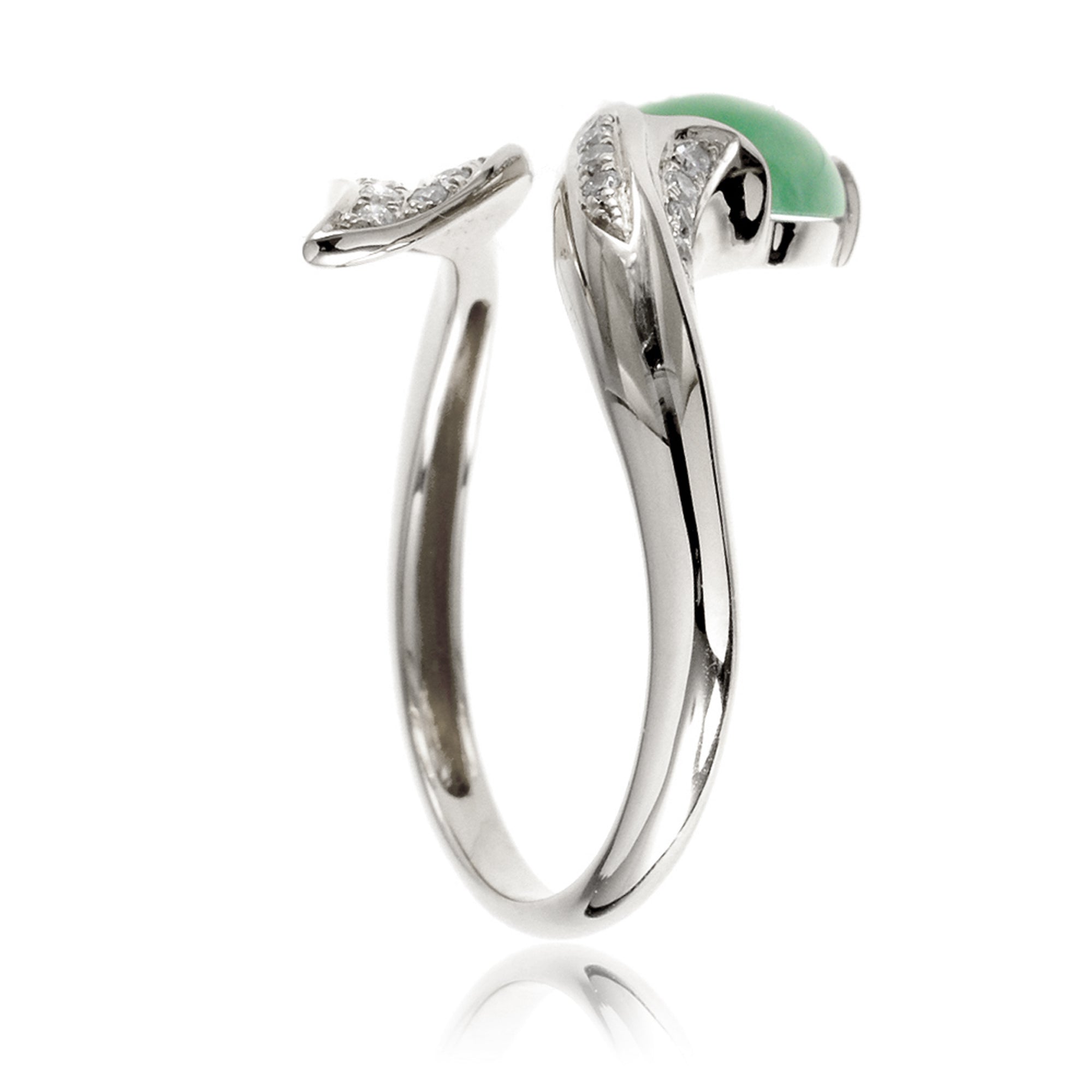 Cabochon jade and diamond leaf open ring in white gold