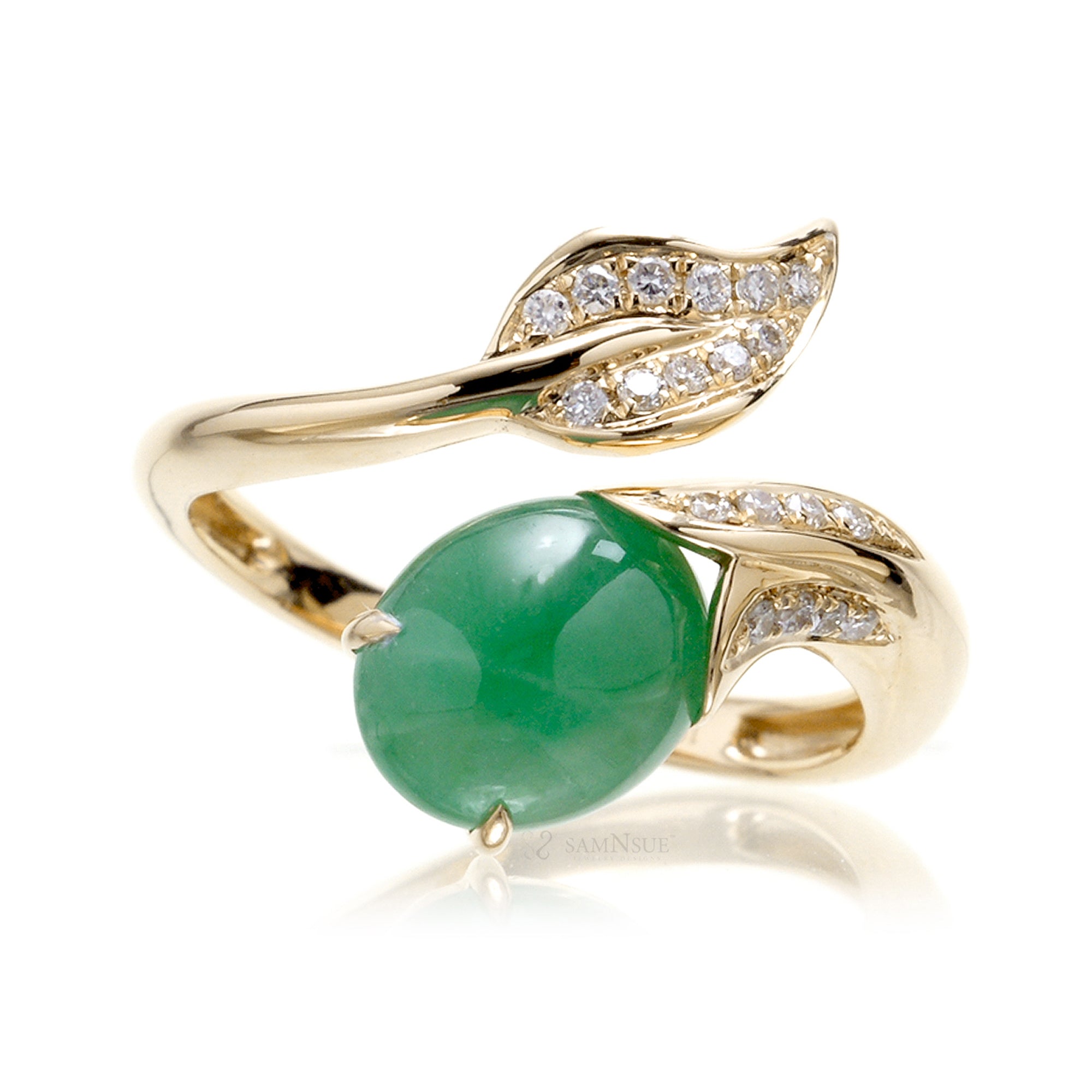 Cabochon Jade Diamond Leaf Ring