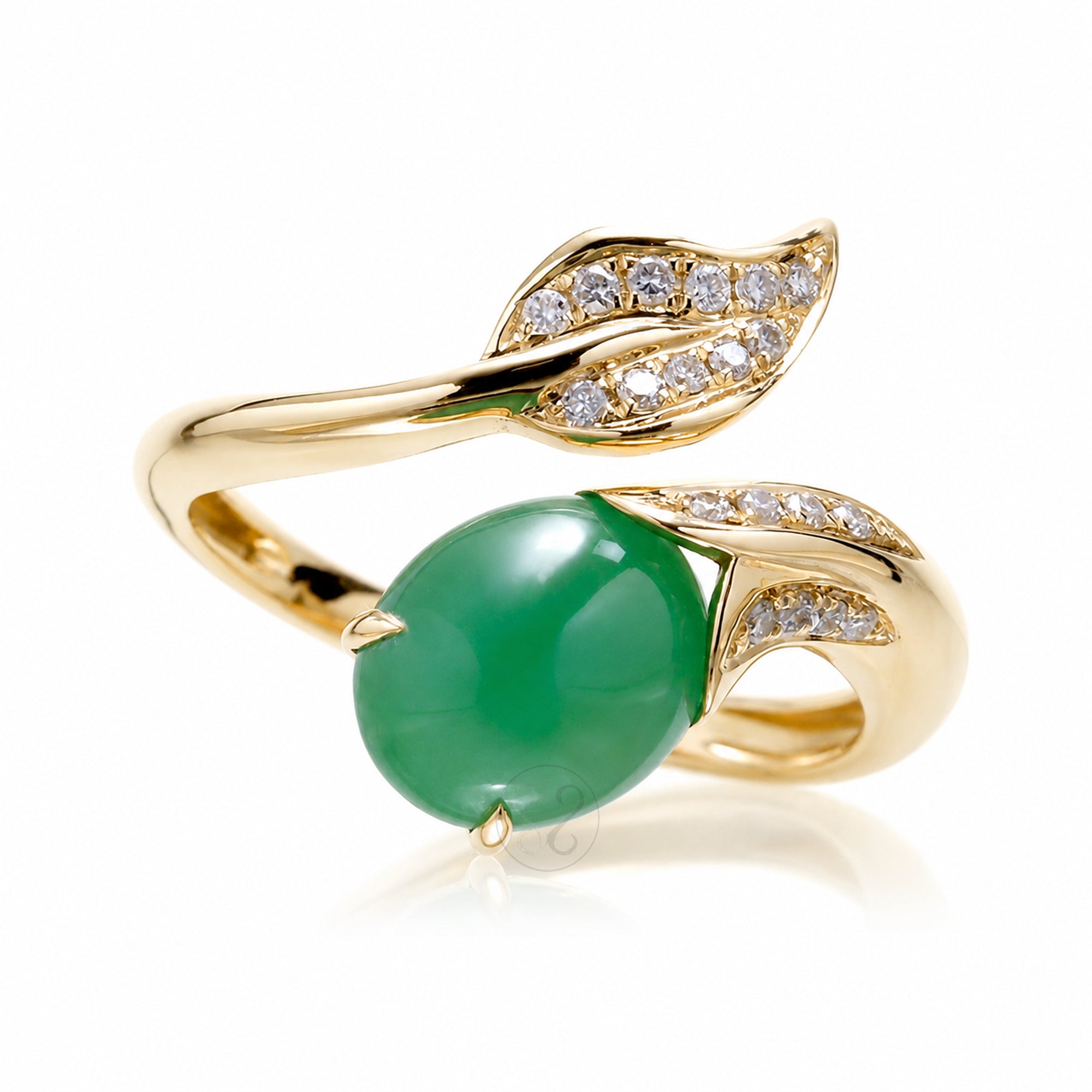 Cabochon Jade Diamond Leaf Ring