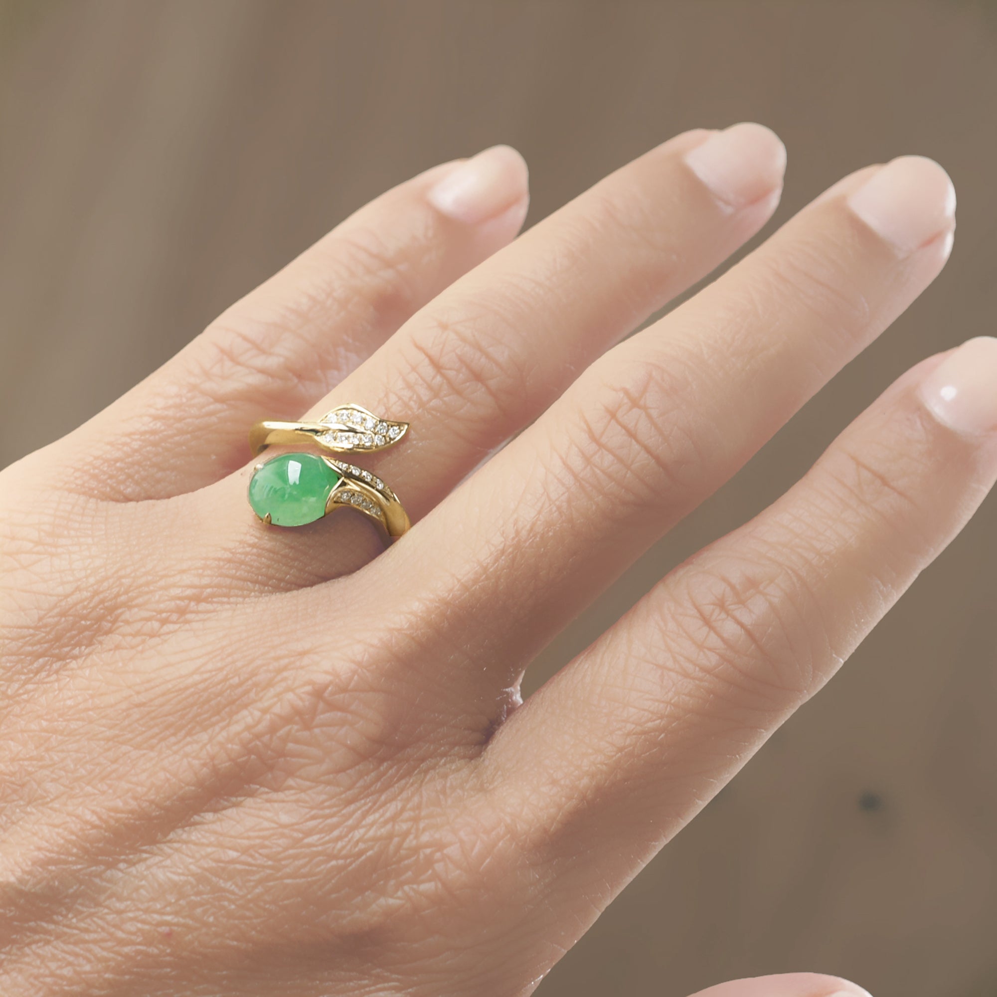 Cabochon Jade Diamond Leaf Ring
