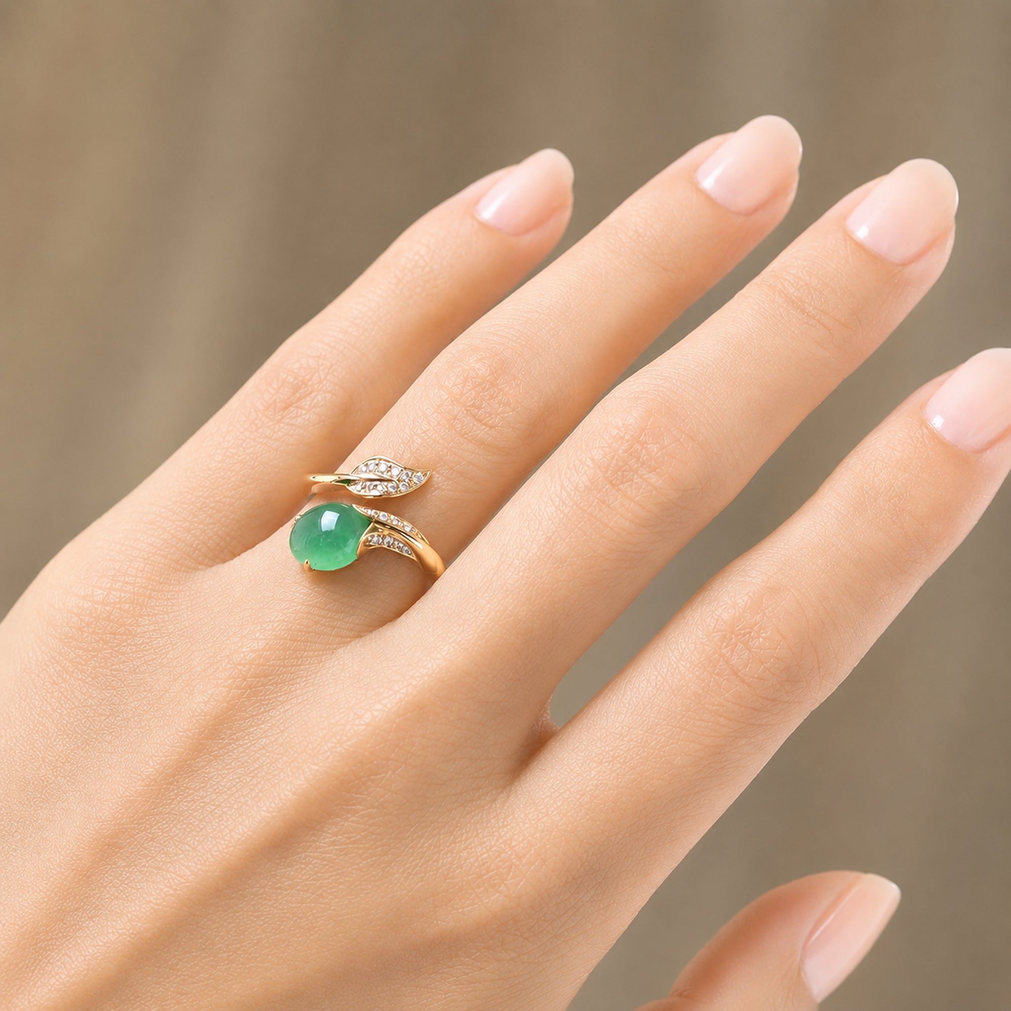 Cabochon Jade Diamond Leaf Ring