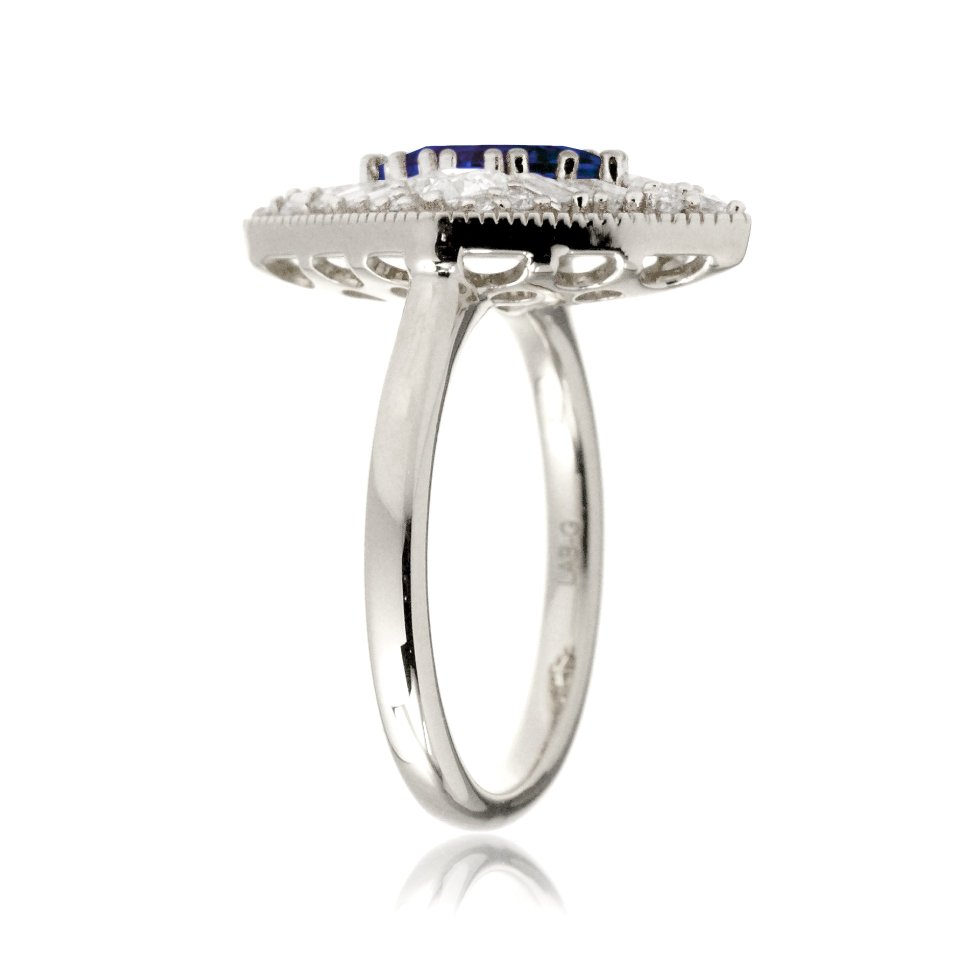 Kite cut blue sapphire diamond halo vintage style ring white gold