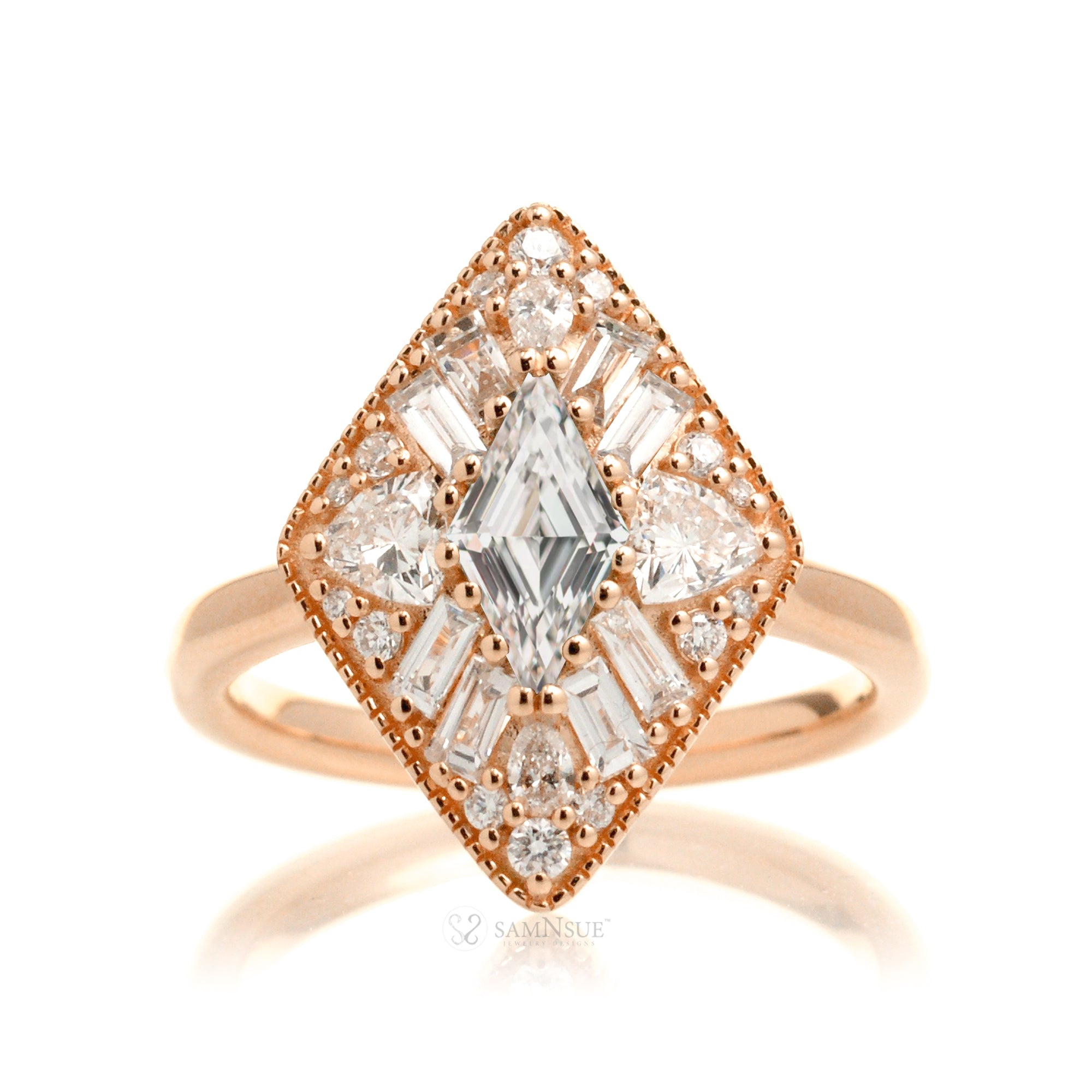 Kite cut diamond halo vintage style ring rose gold