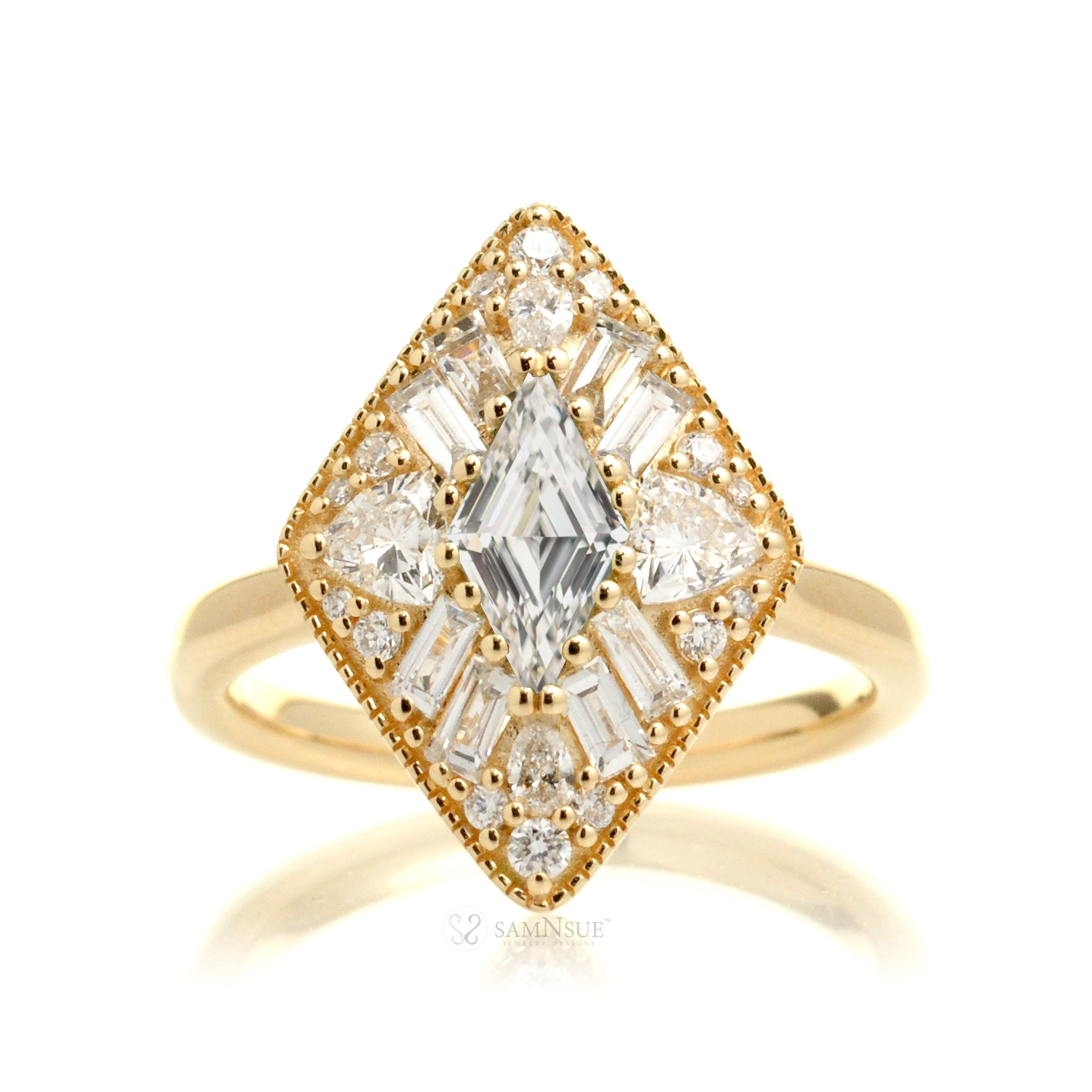 Kite cut diamond halo vintage style ring yellowgold