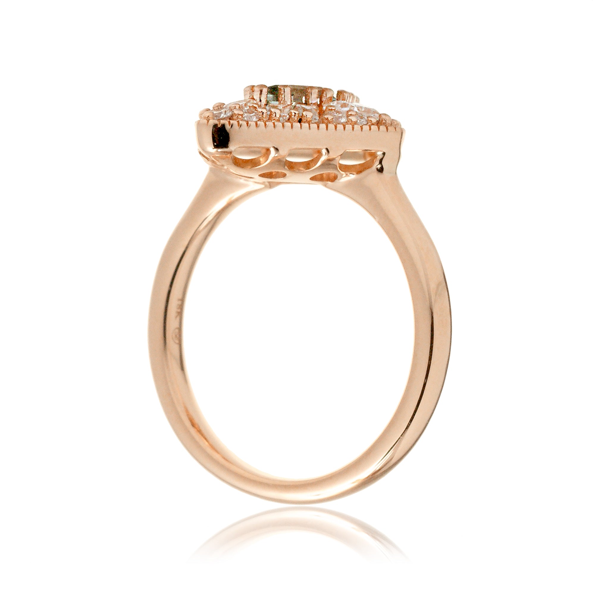 Kite cut green sapphire and diamond halo vintage style ring rose gold