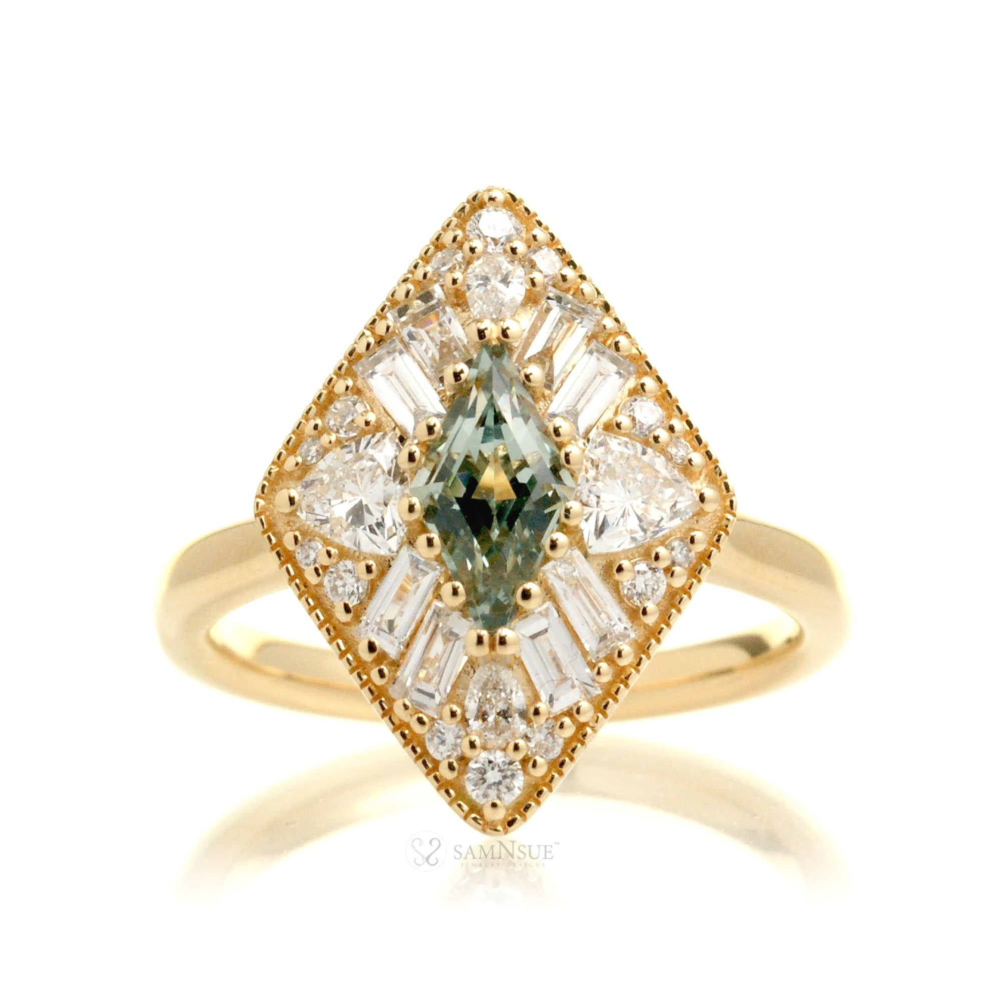 Kite cut green sapphire and diamond halo vintage style ring yellow gold