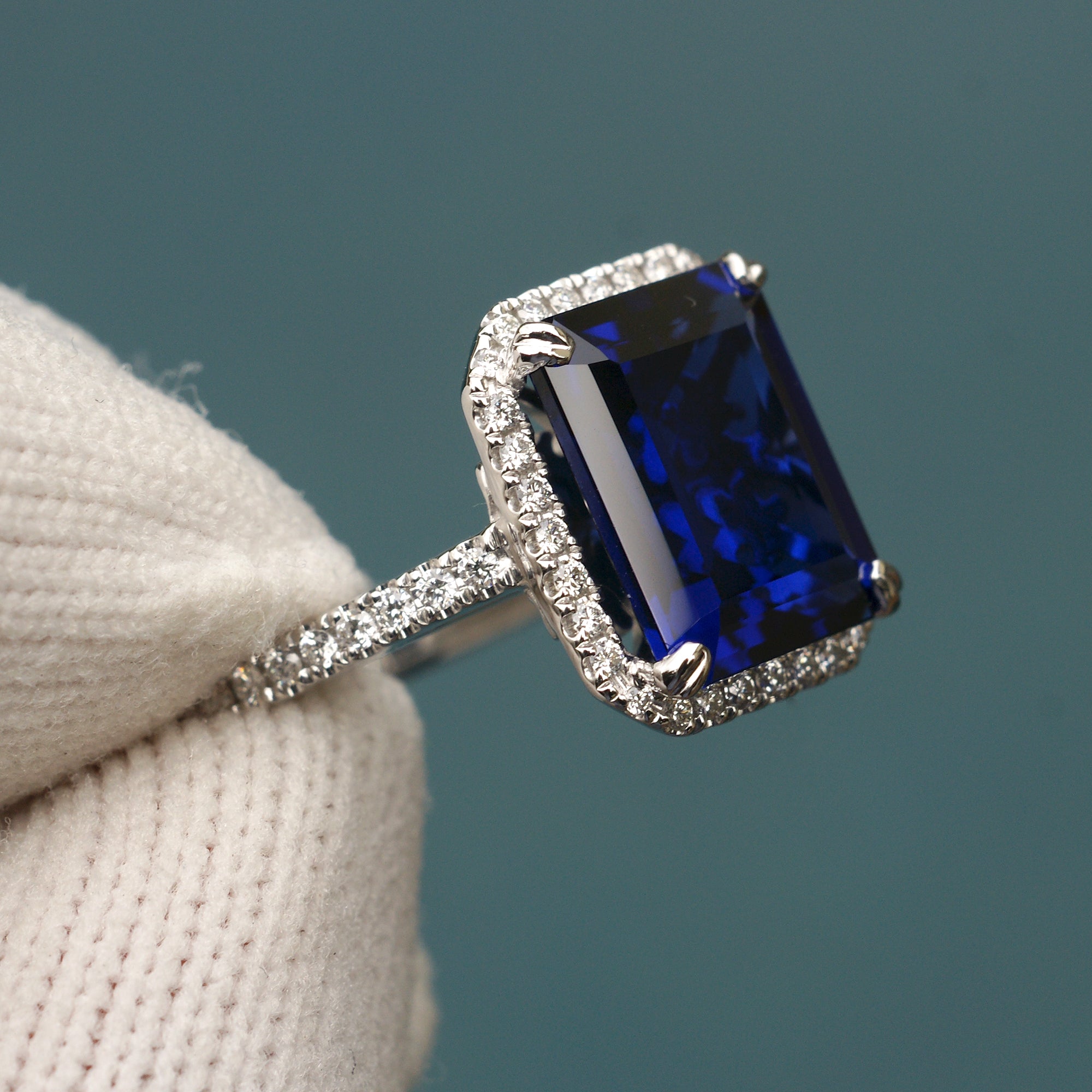 Blue sapphire emerald cut diamond halo and band wedding engagement ring set