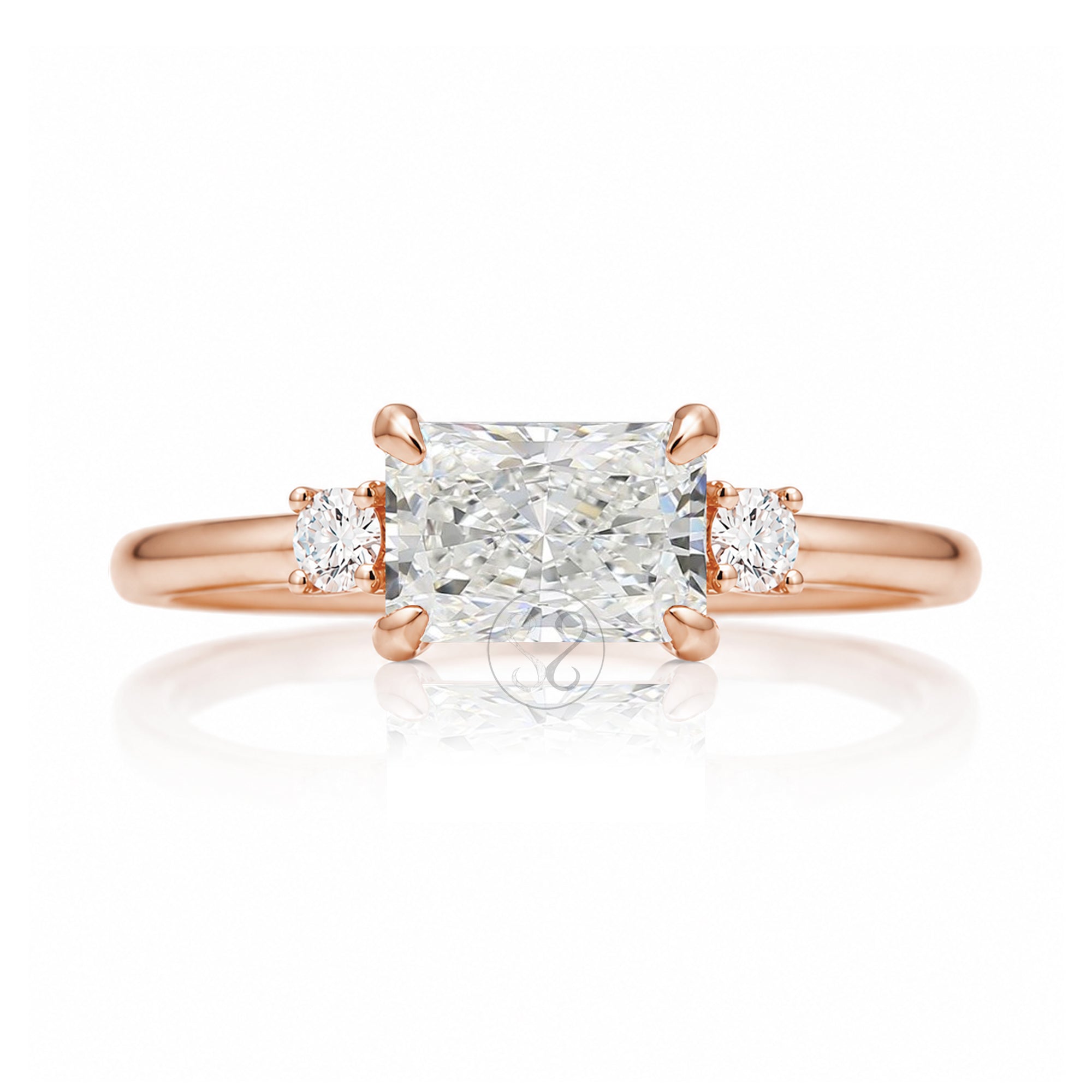 east-west radiant cut lab-grown diamond threestone ring rose gold