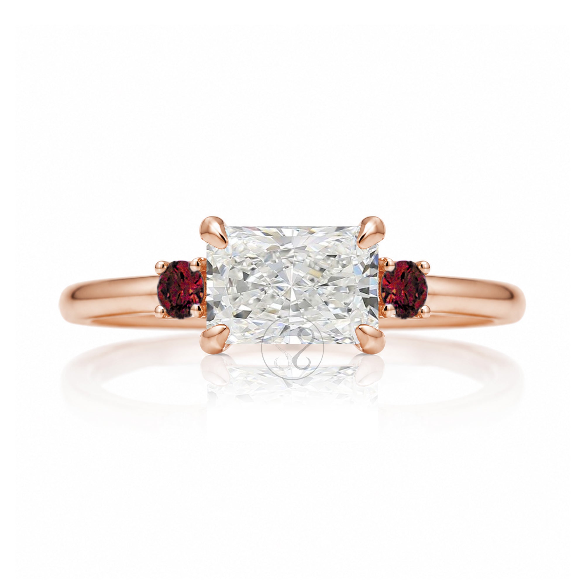 east-west radiant cut lab-grown diamond threestone ring with red ruby rose gold