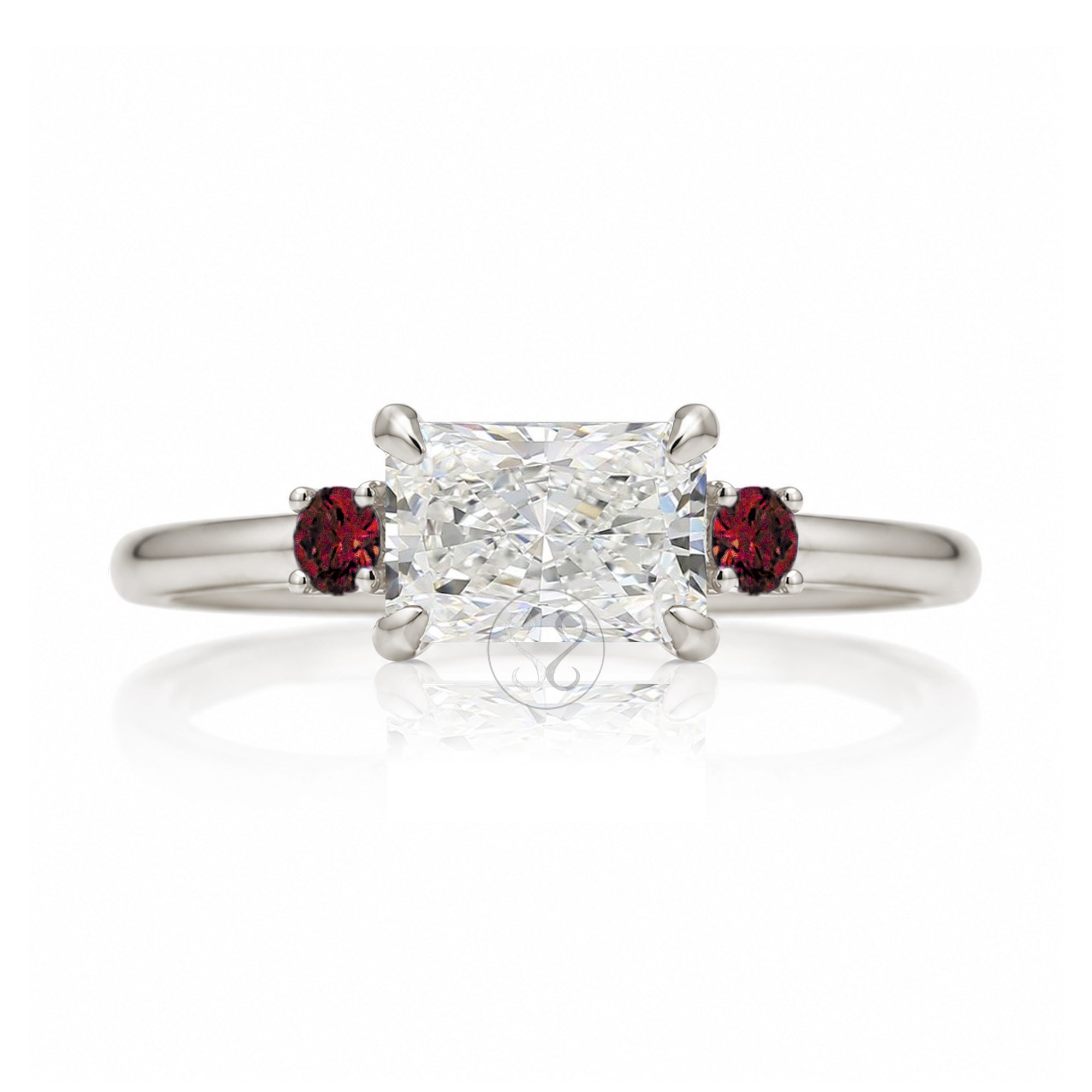 east-west radiant cut lab-grown diamond threestone ring with red ruby white gold