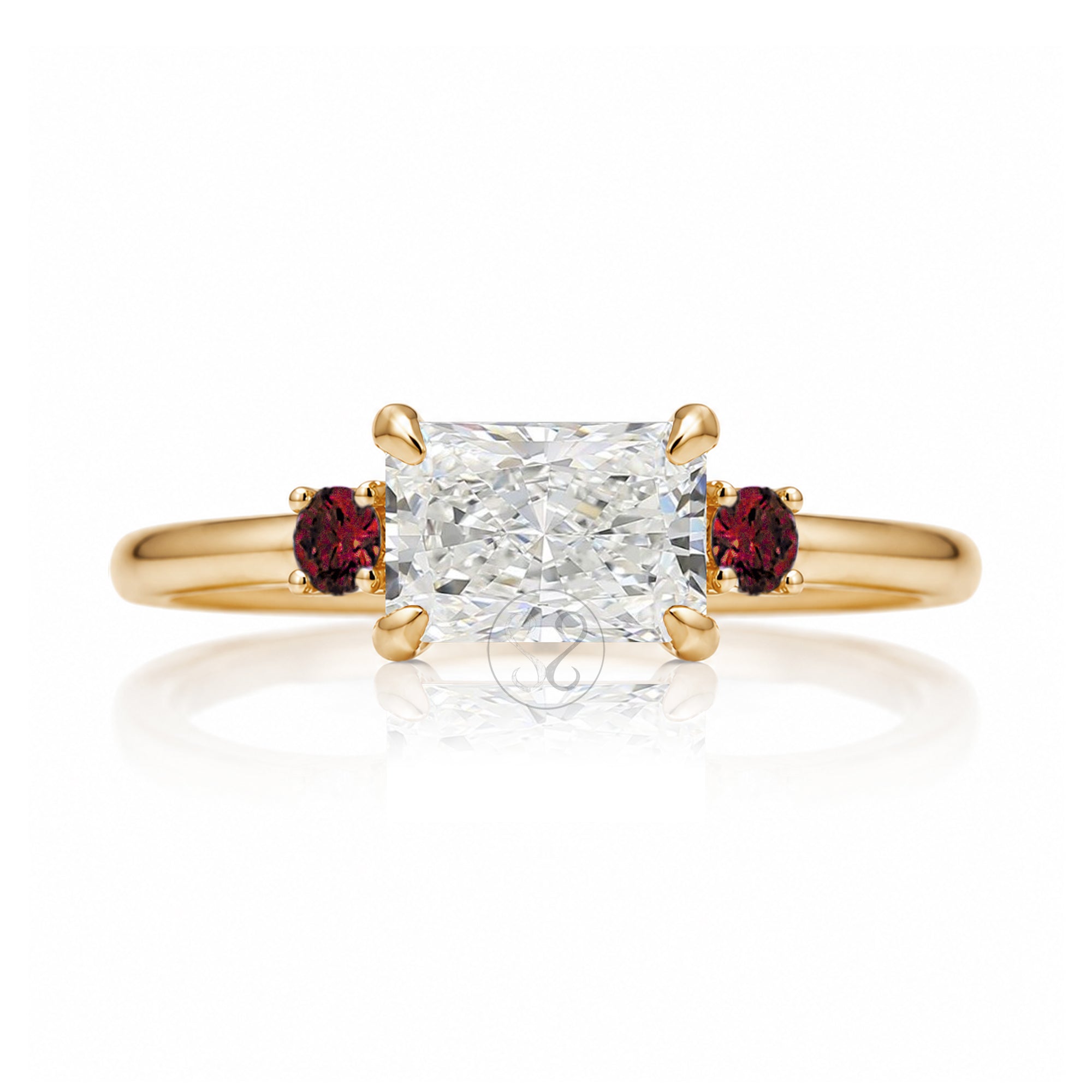 east-west radiant cut lab-grown diamond threestone ring with red ruby yellow gold