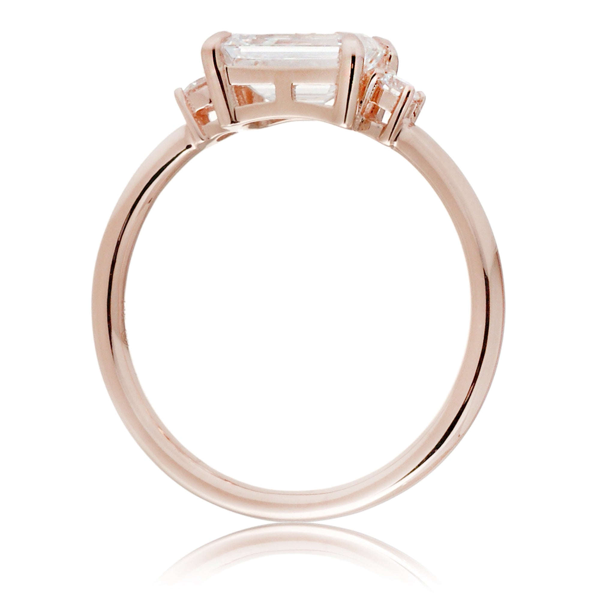 Radiant moissanite three stone east-west ring the Lena rose gold