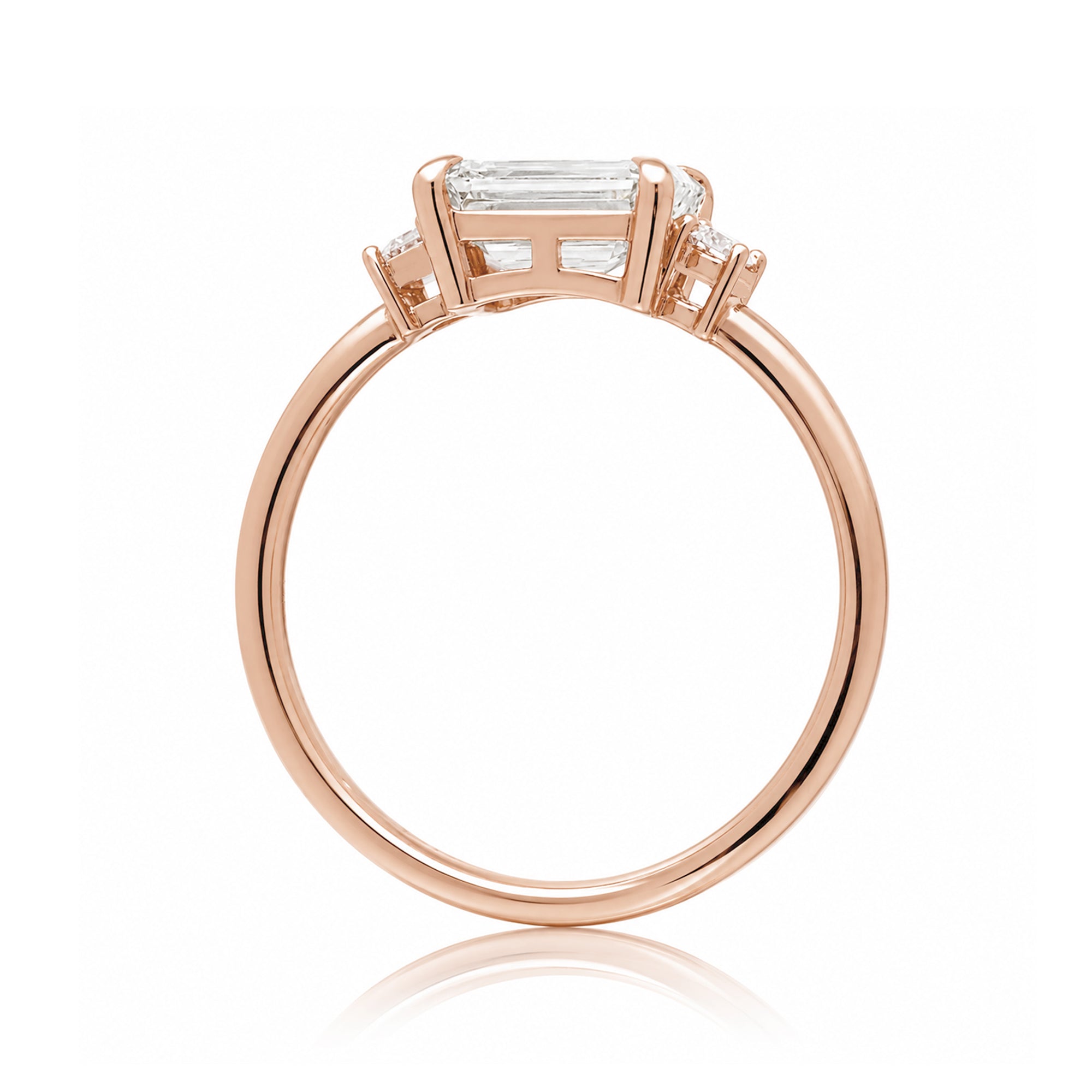 Radiant moissanite three stone east-west ring the Lena rose gold