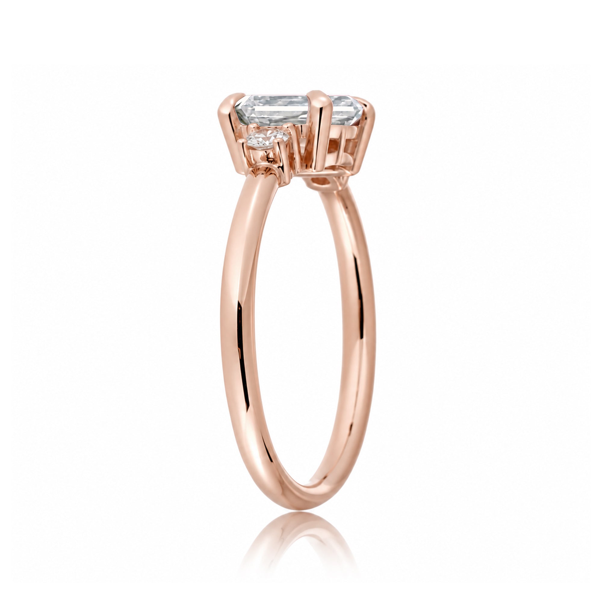 Radiant moissanite three stone east-west ring the Lena rose gold