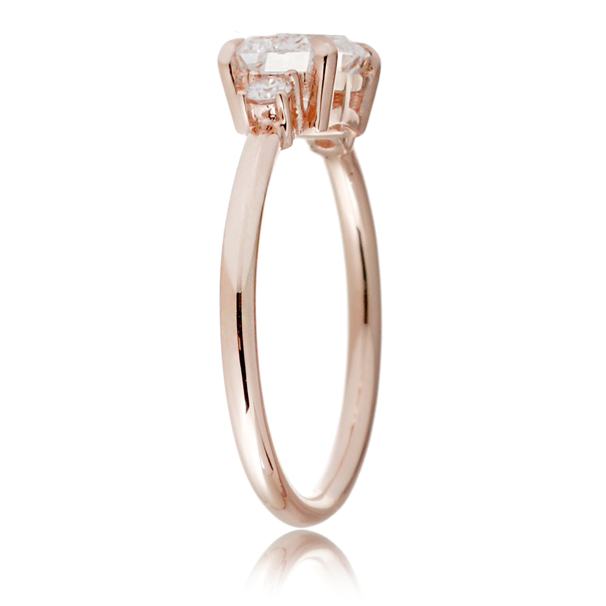 east-west emerald cut diamond three stone ring the Lena rose gold