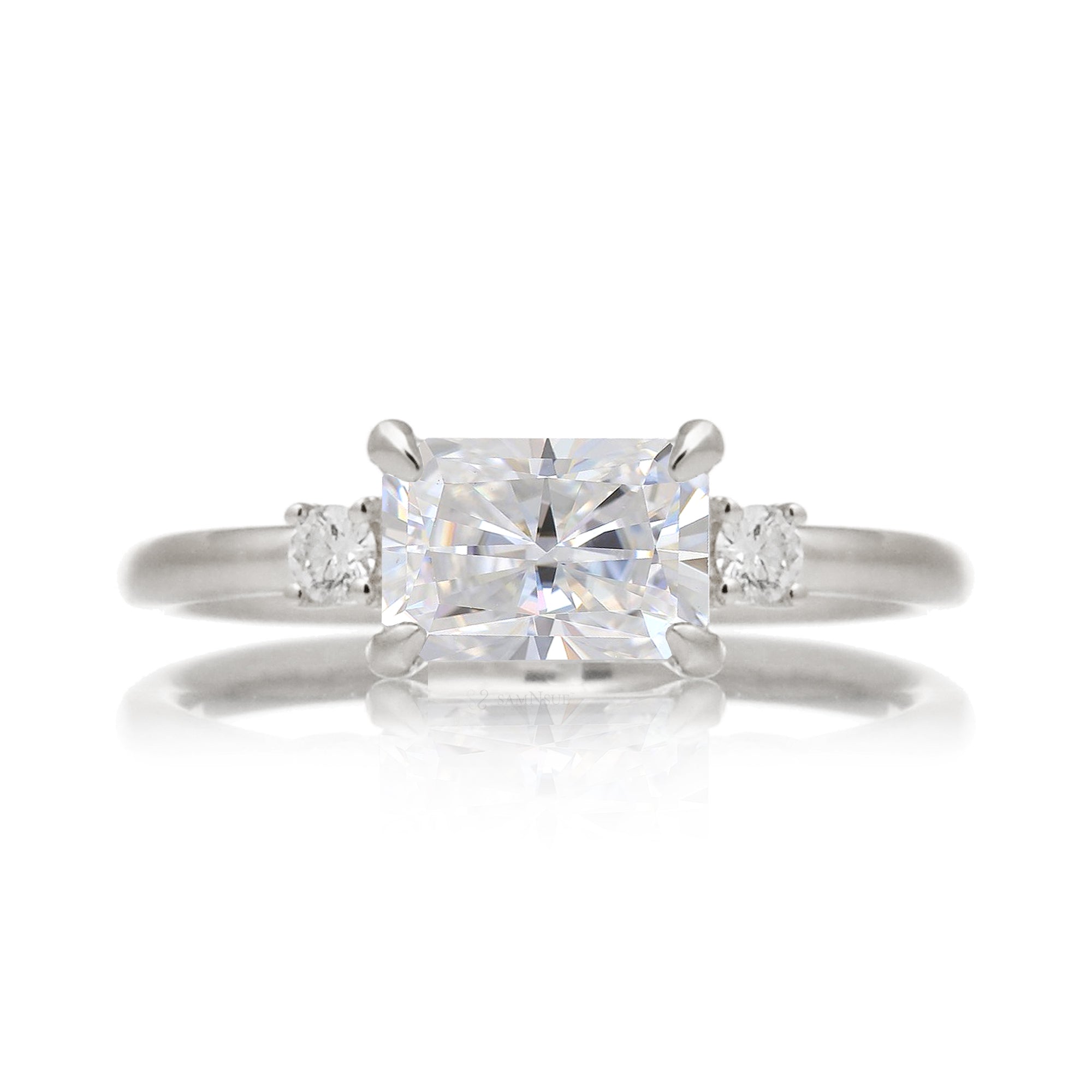 Radiant moissanite three stone east-west ring the Lena white gold