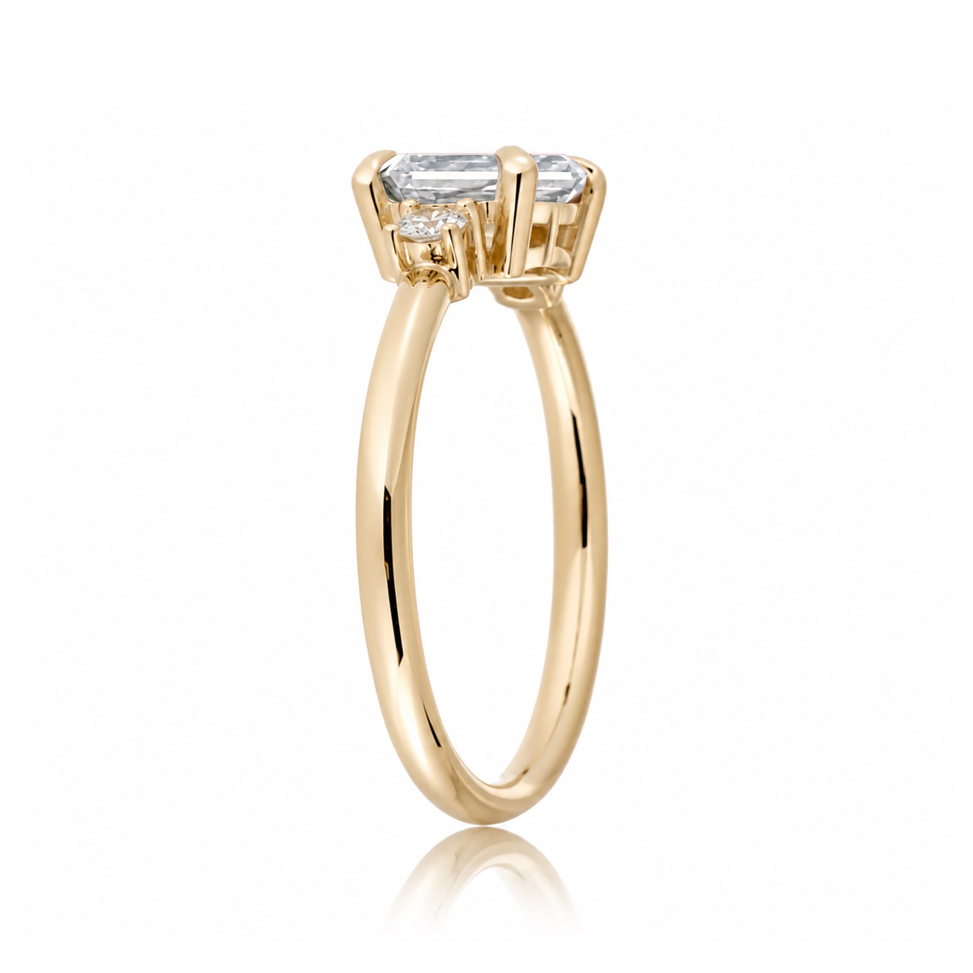 Radiant moissanite three stone east-west ring the Lena yellow gold