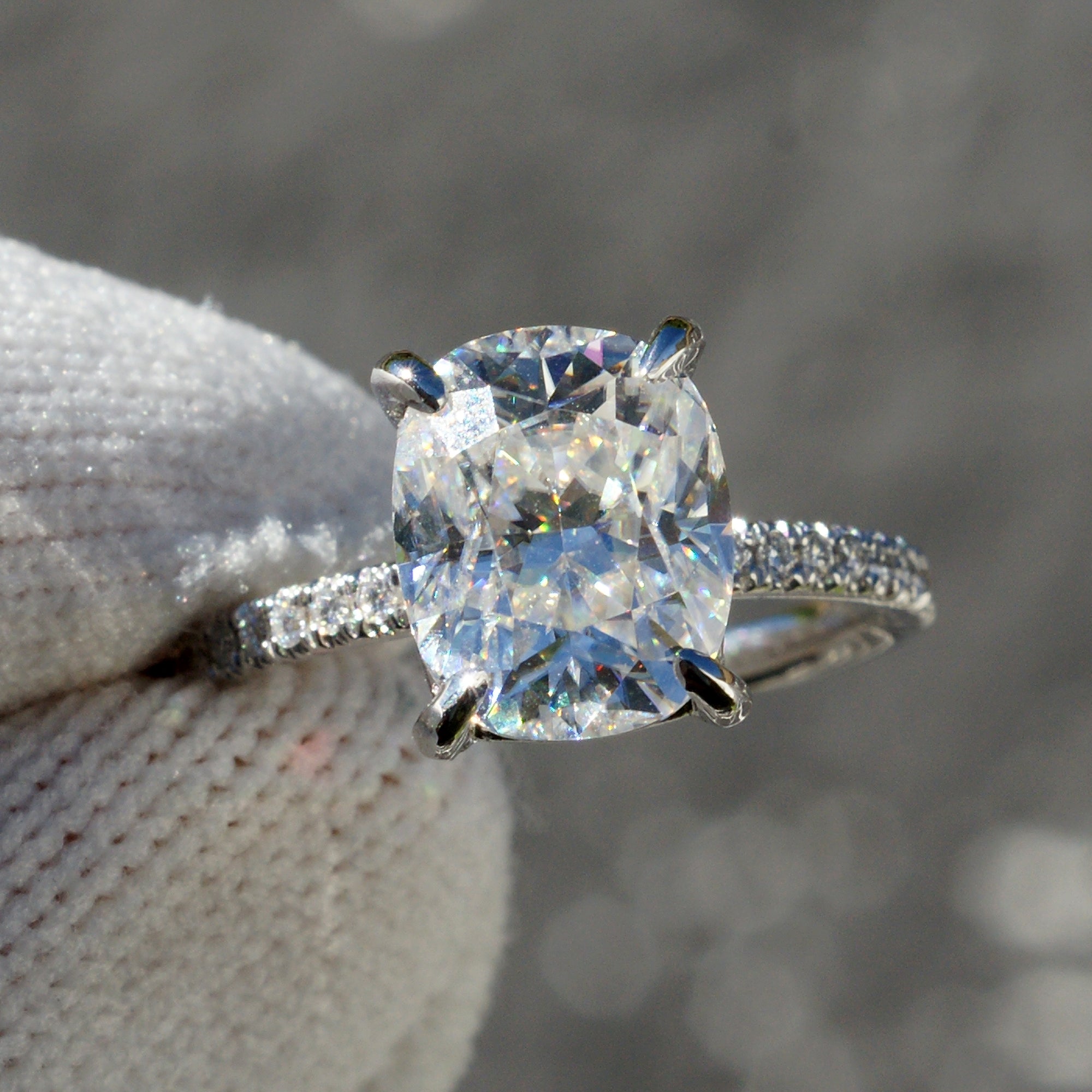 The Ava Cushion Moissanite Ring 10x8mm 18k White Gold 1.8mm band
