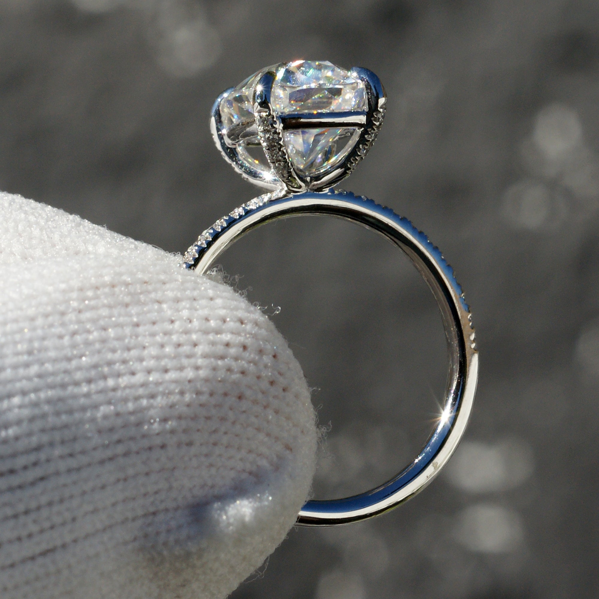 The Ava Cushion Moissanite Ring 10x8mm 18k White Gold (1.8mm band)