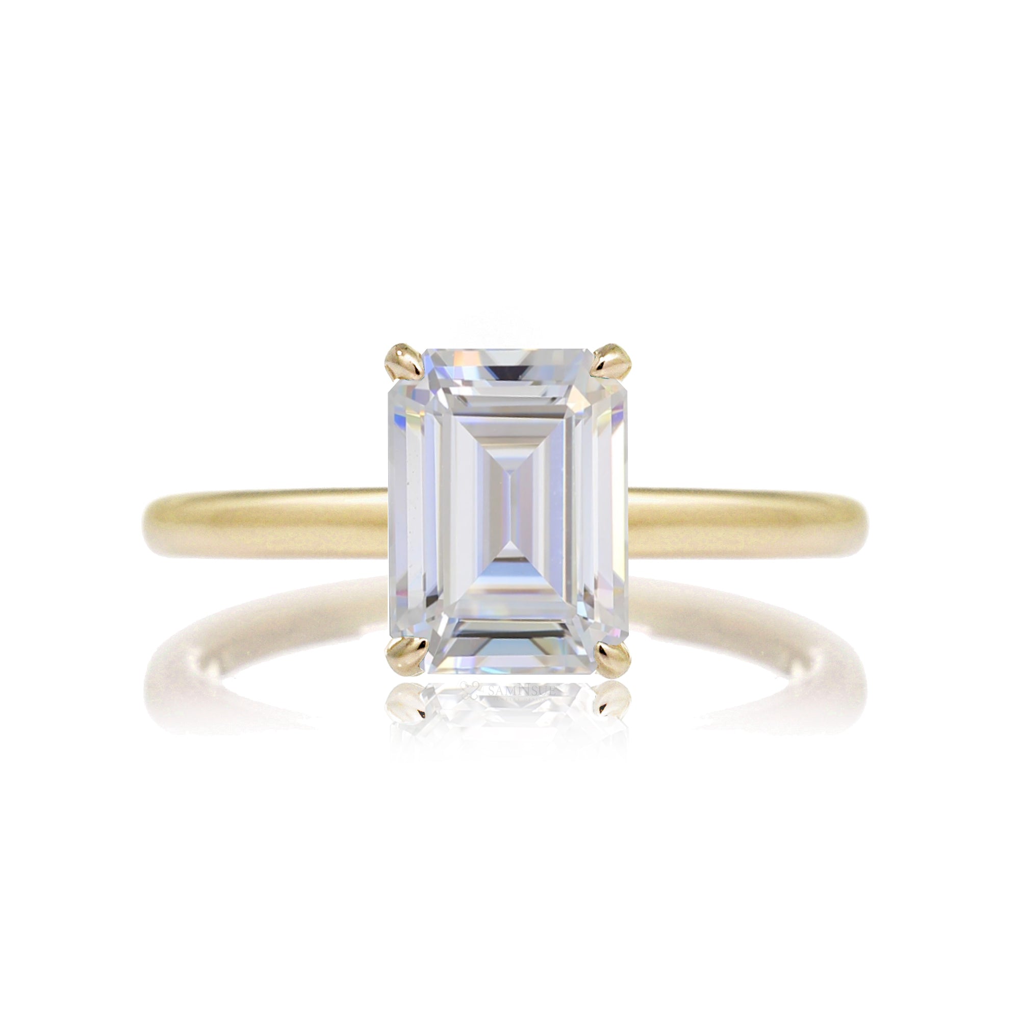 Moissanite solitaire engagement ring hidden halo solid band yellow gold