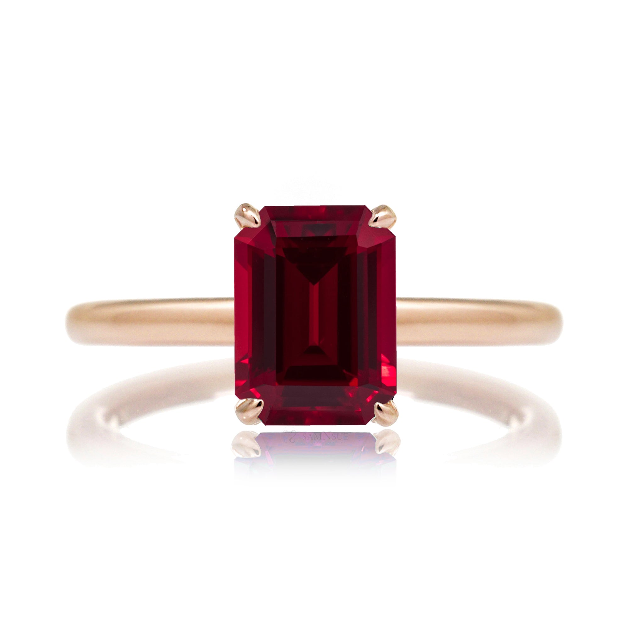 Emerald Cut Lab Created Ruby Engagement Ring Solitaire With