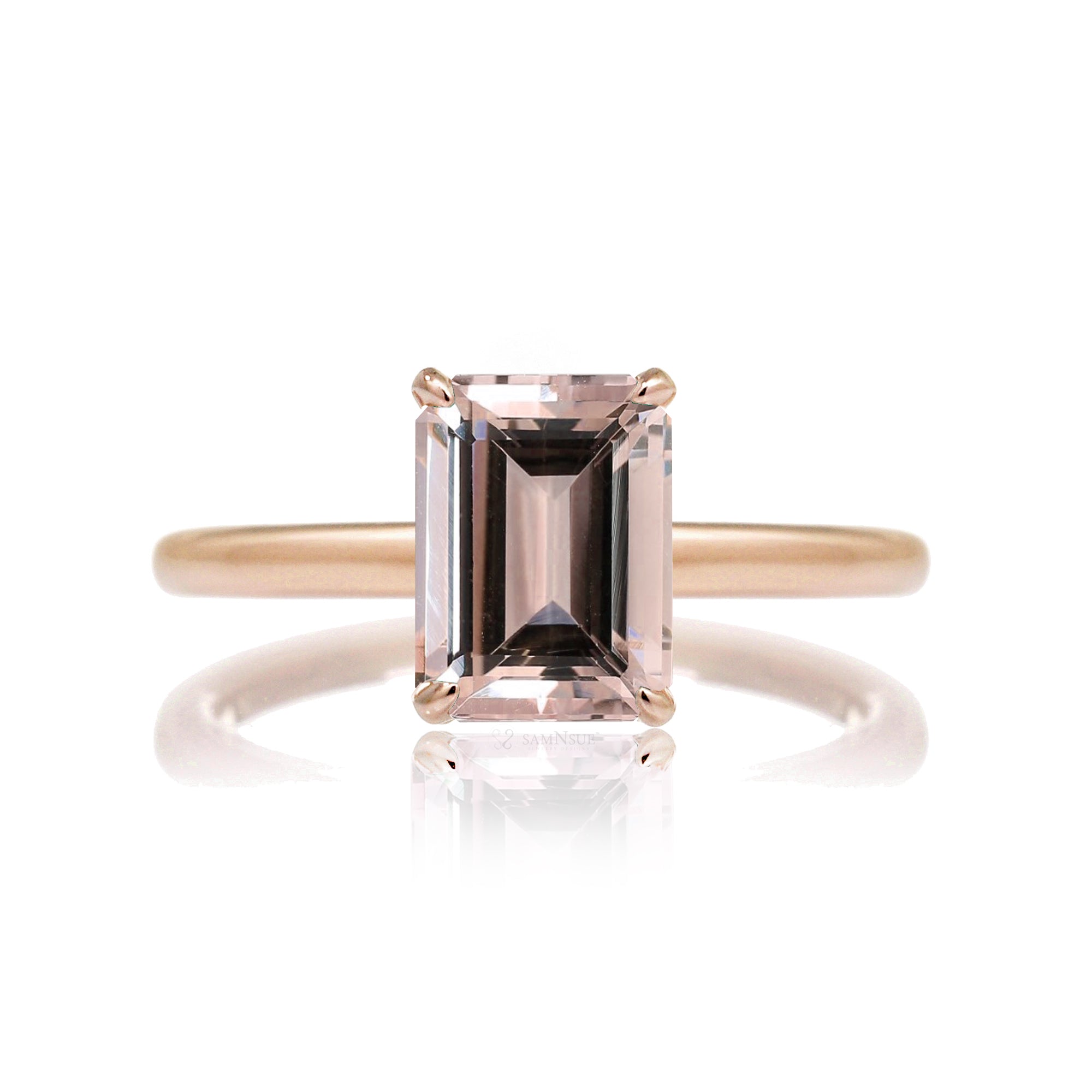 Morganite in a hidden halo settting emerald step cut rose gold