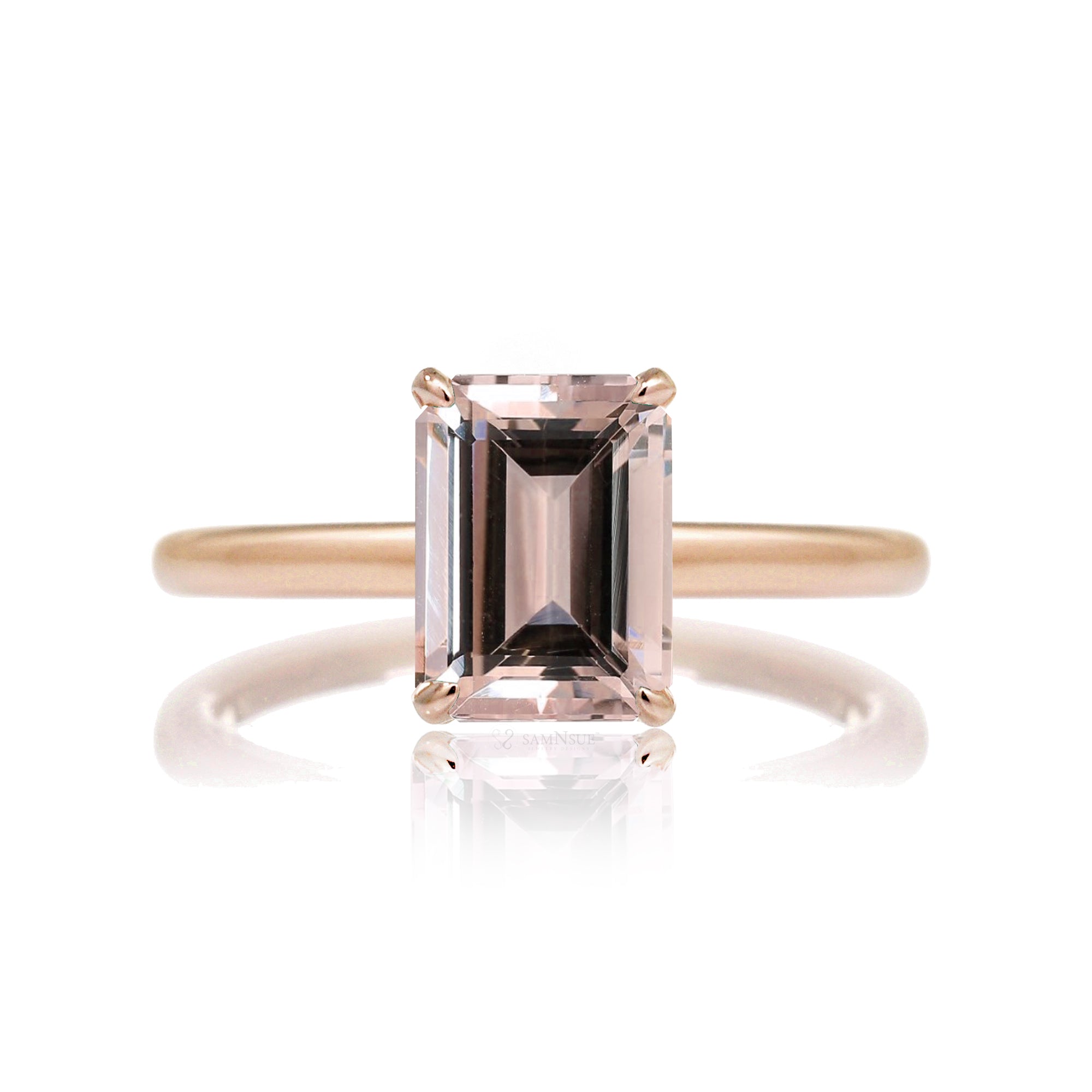 Morganite in a hidden halo settting emerald step cut rose gold