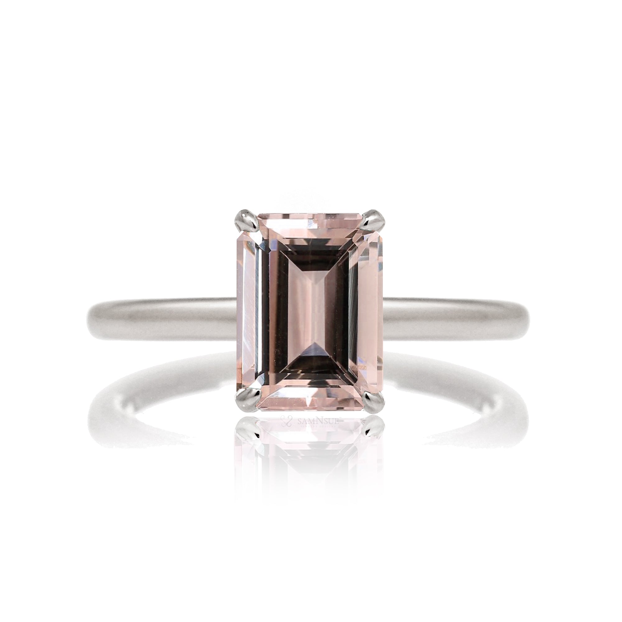 Morganite in a hidden halo settting emerald step cut white gold