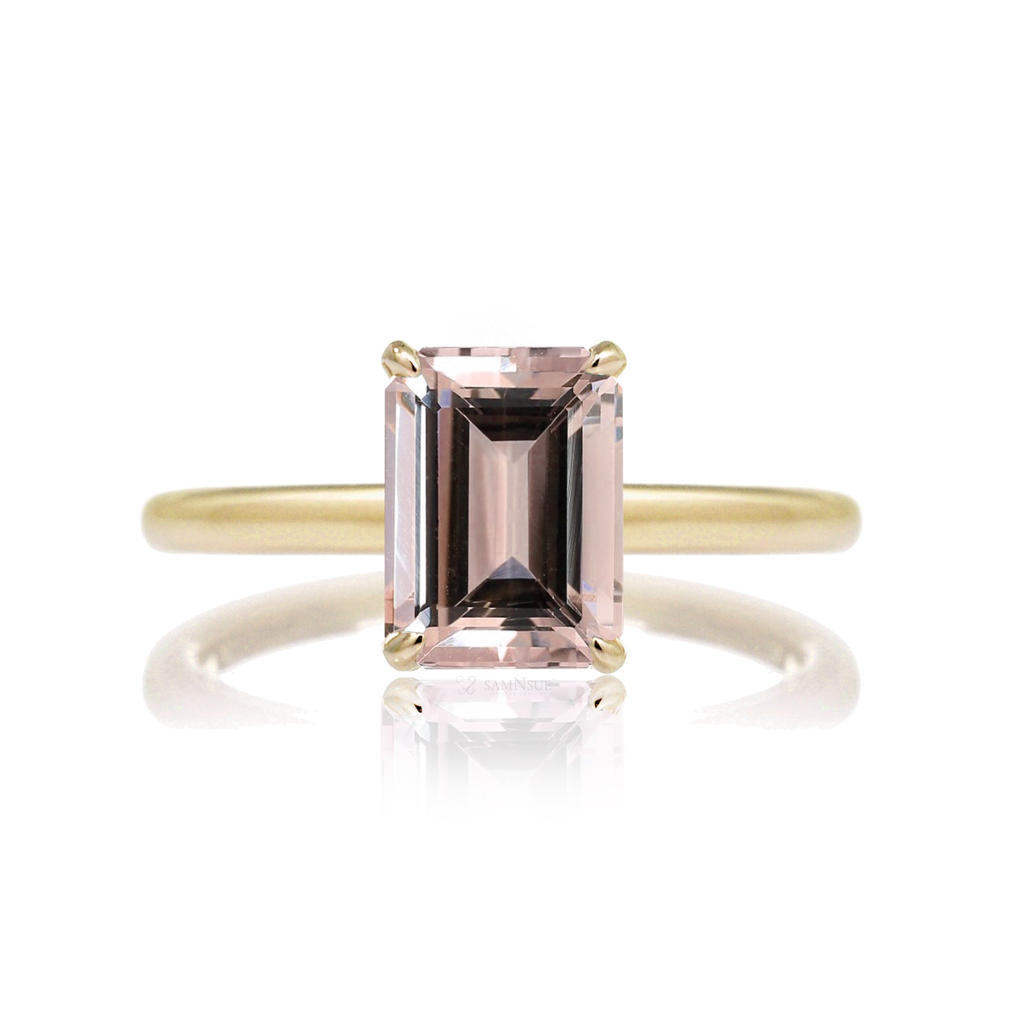 Morganite in a hidden halo settting emerald step cut yellow gold
