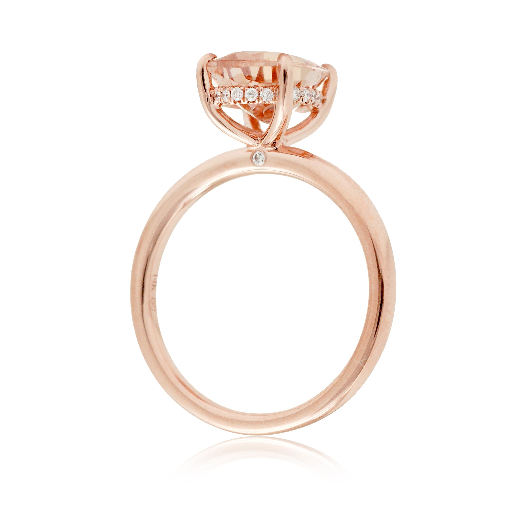Oval morganite solitaire engagement ring hidden diamond halo rose gold