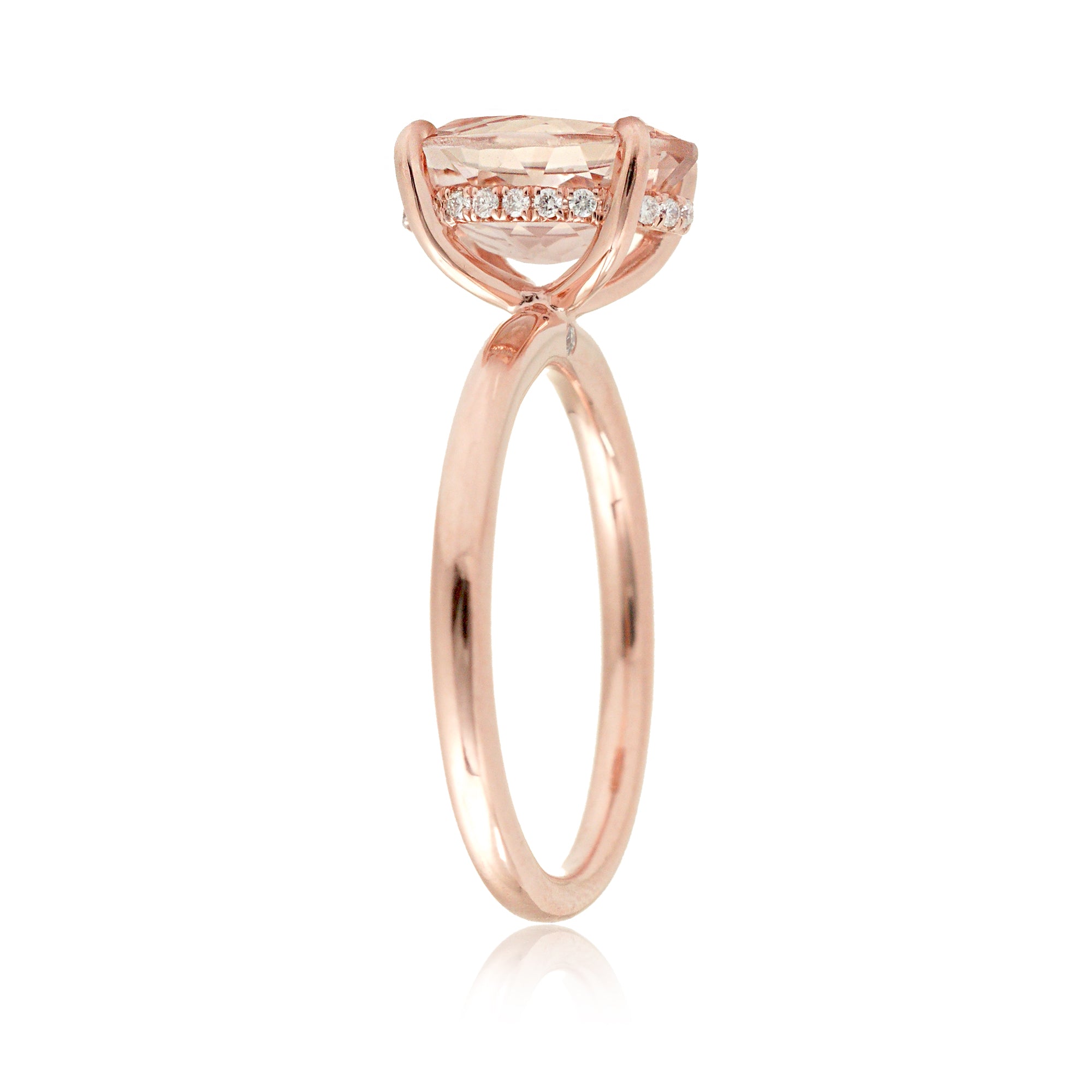 Oval morganite solitaire engagement ring hidden diamond halo rose gold