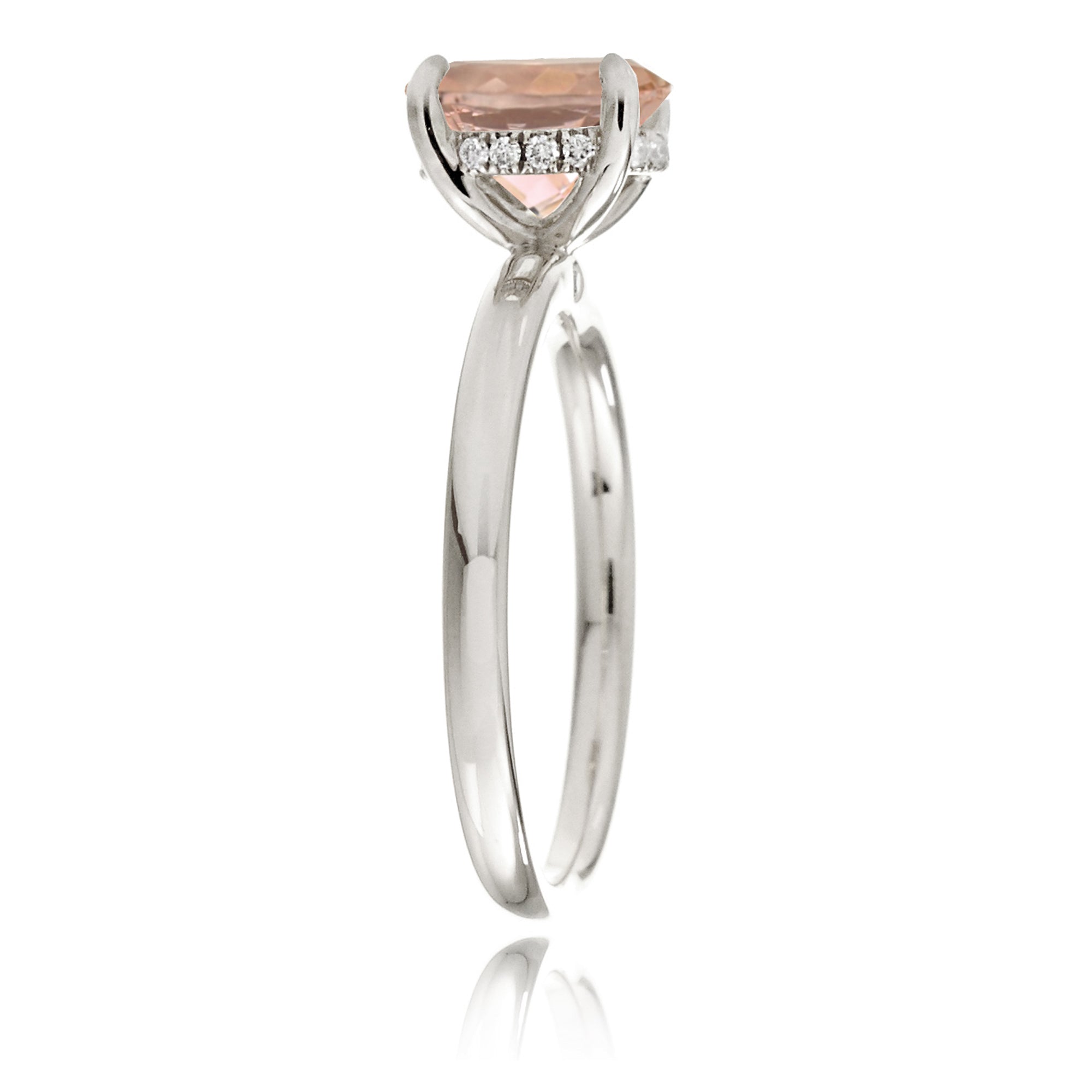 Oval morganite solitaire engagement ring hidden diamond halo white gold