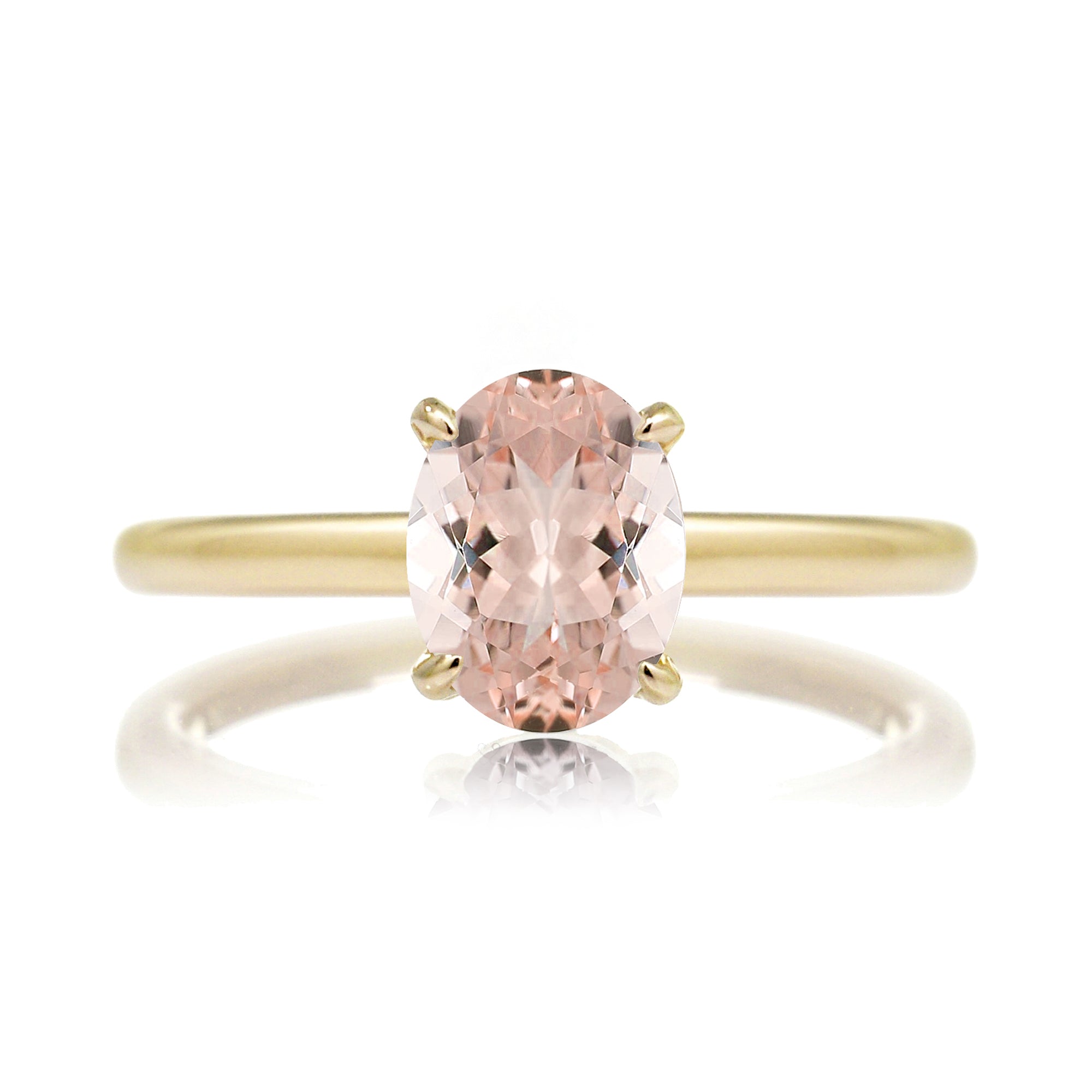 Oval morganite solitaire engagement ring hidden diamond halo yellow gold