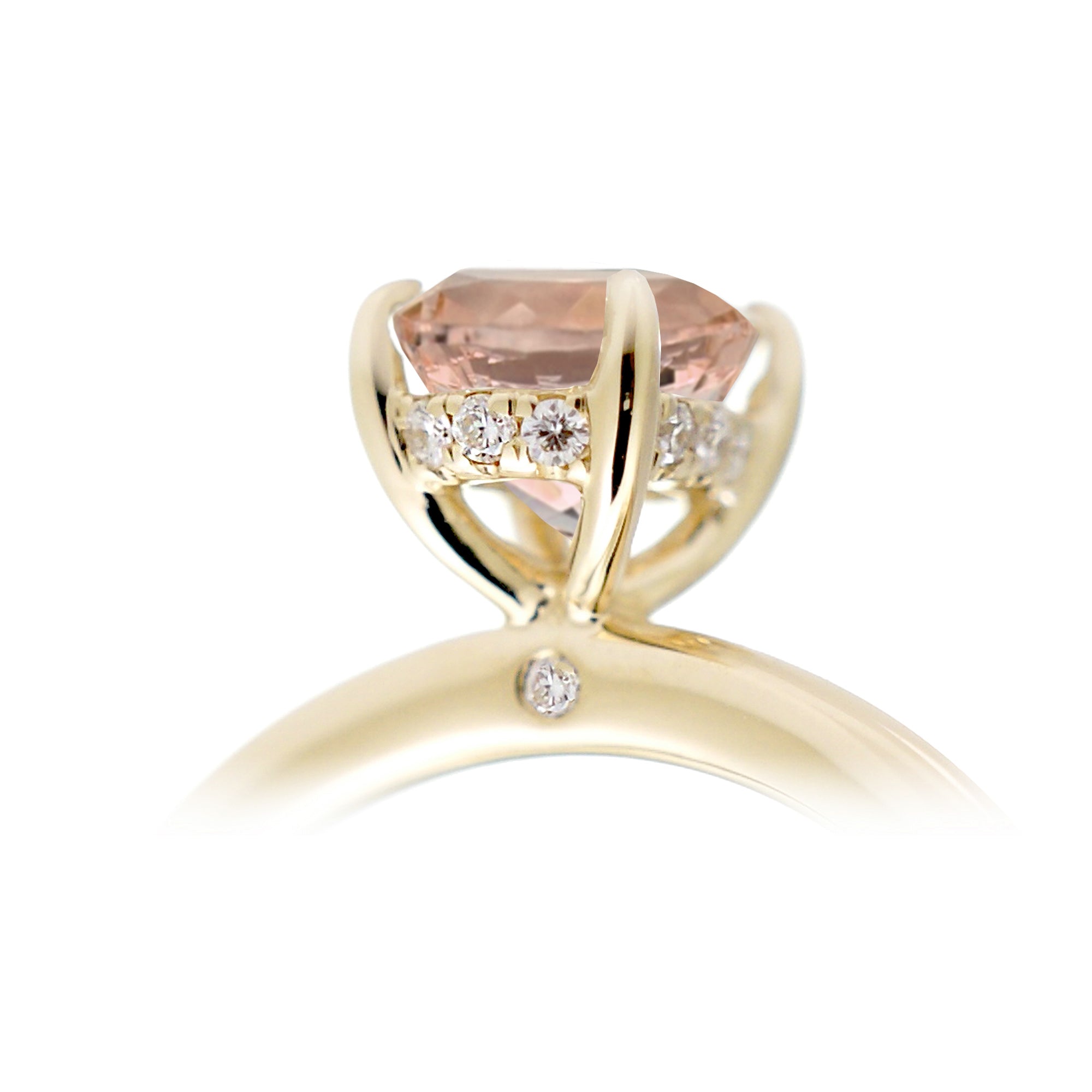 Oval morganite solitaire engagement ring hidden diamond halo yellow gold