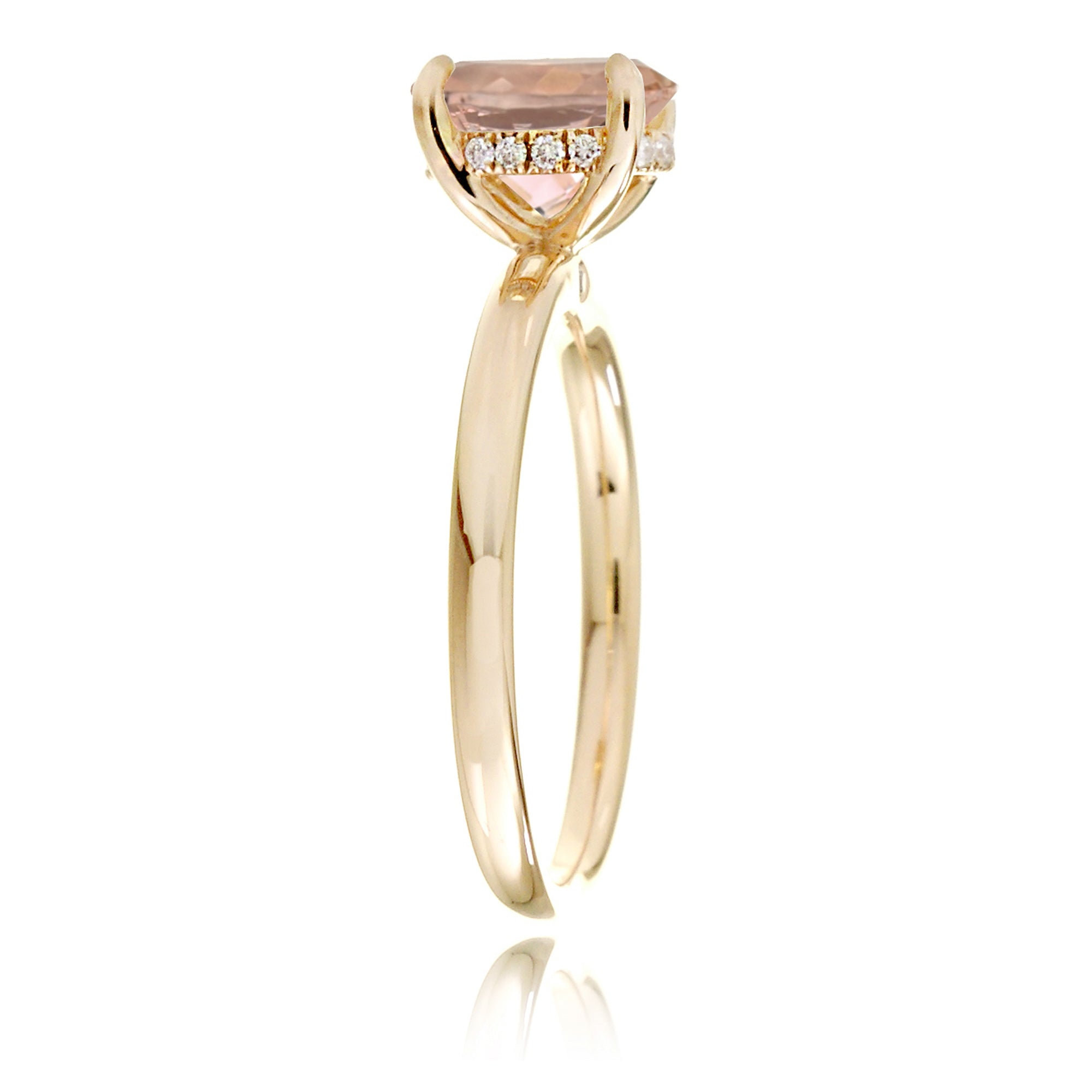 Oval morganite solitaire engagement ring hidden diamond halo yellow gold