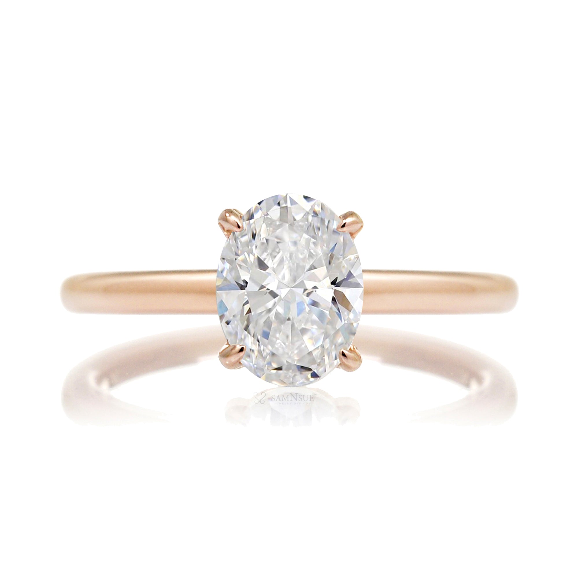 Oval diamond engagement ring solid band hidden halo in rose gold