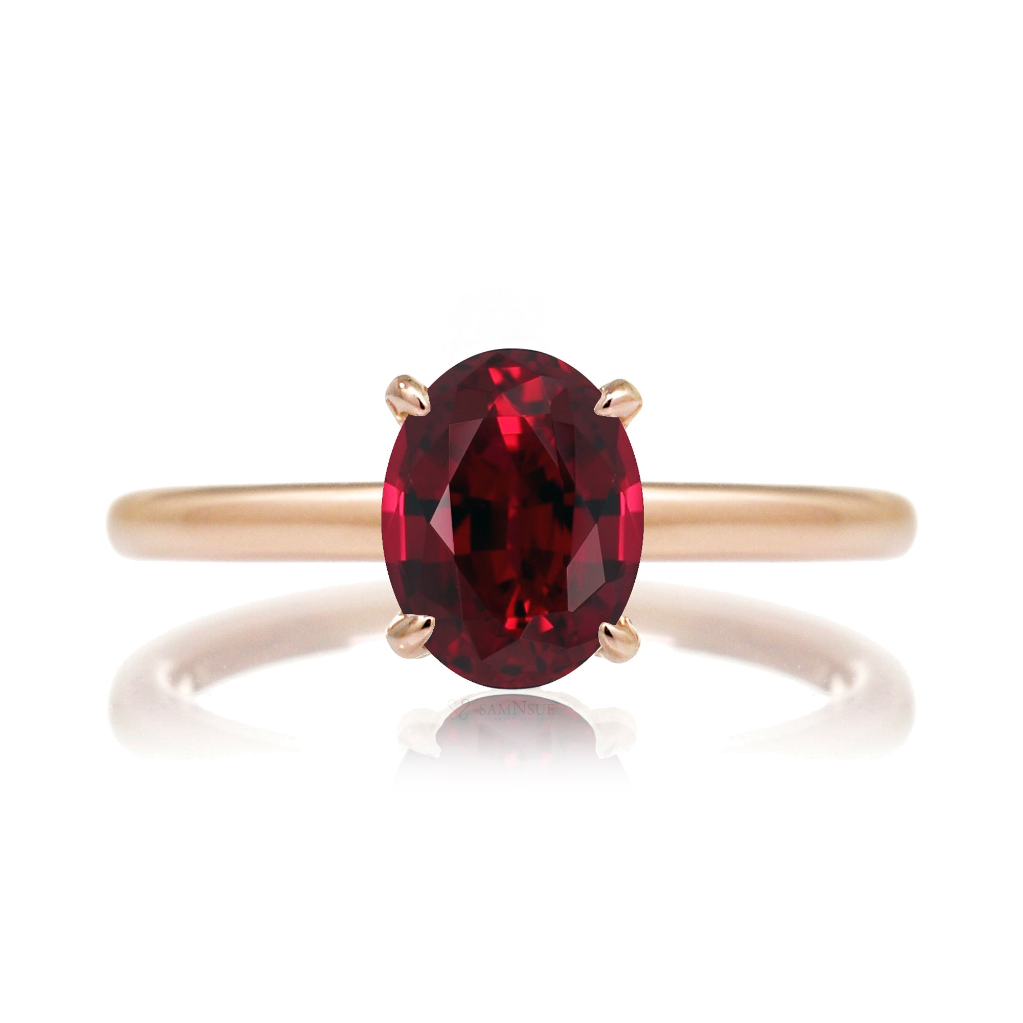 Oval ruby ring diamond hidden halo and solid polish rounded band in rose gold