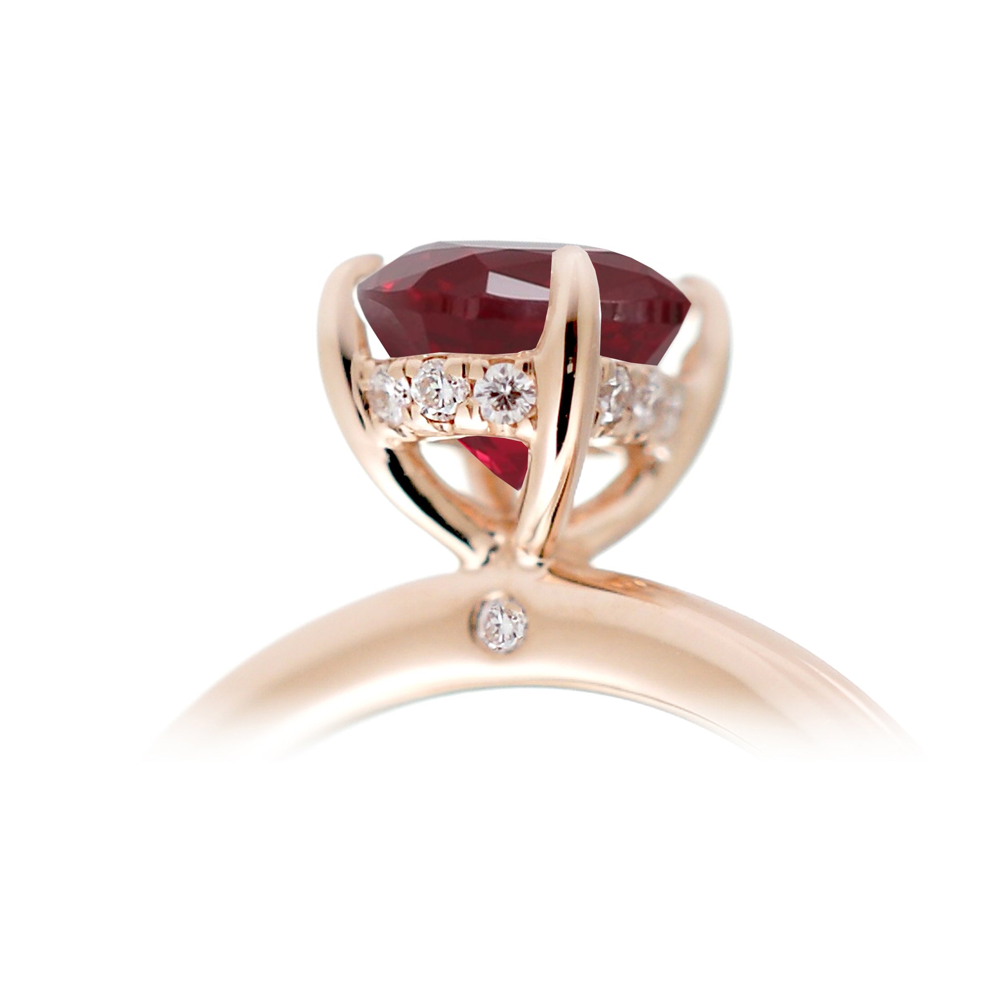 Oval ruby ring diamond hidden halo and solid polish rounded band in rose gold