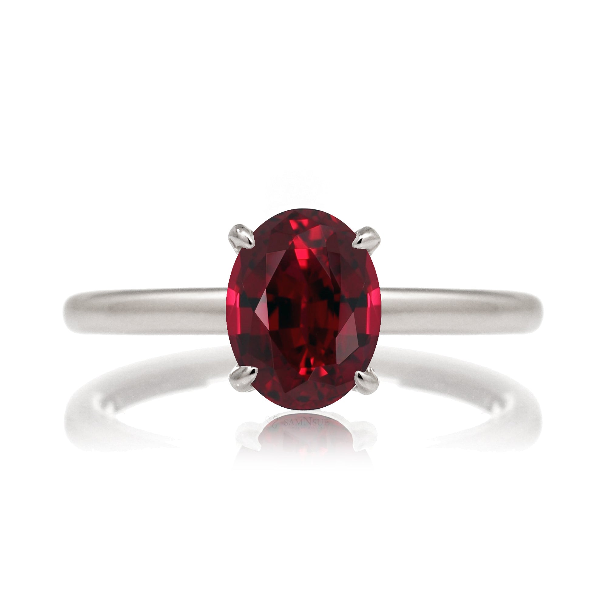 Oval ruby ring diamond hidden halo and solid polish rounded band in white gold