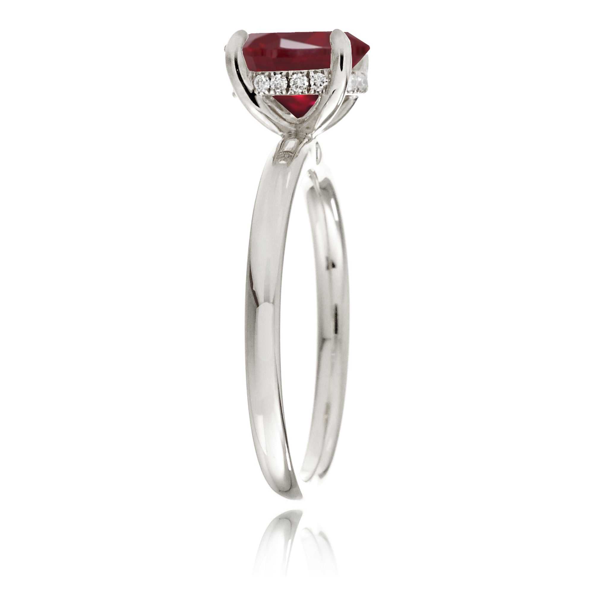 Oval ruby ring diamond hidden halo and solid polish rounded band in white gold