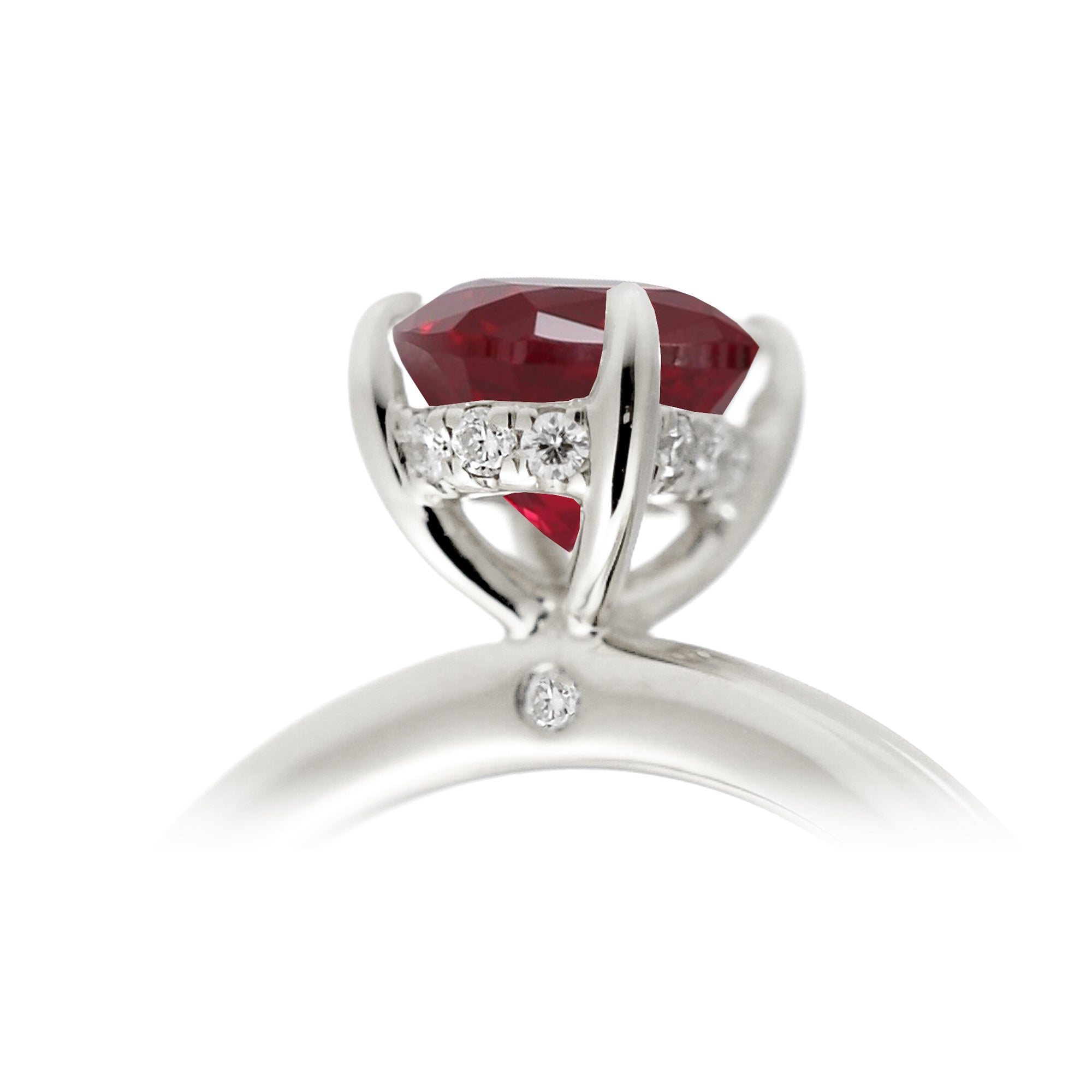 Oval ruby ring diamond hidden halo and solid polish rounded band in white gold