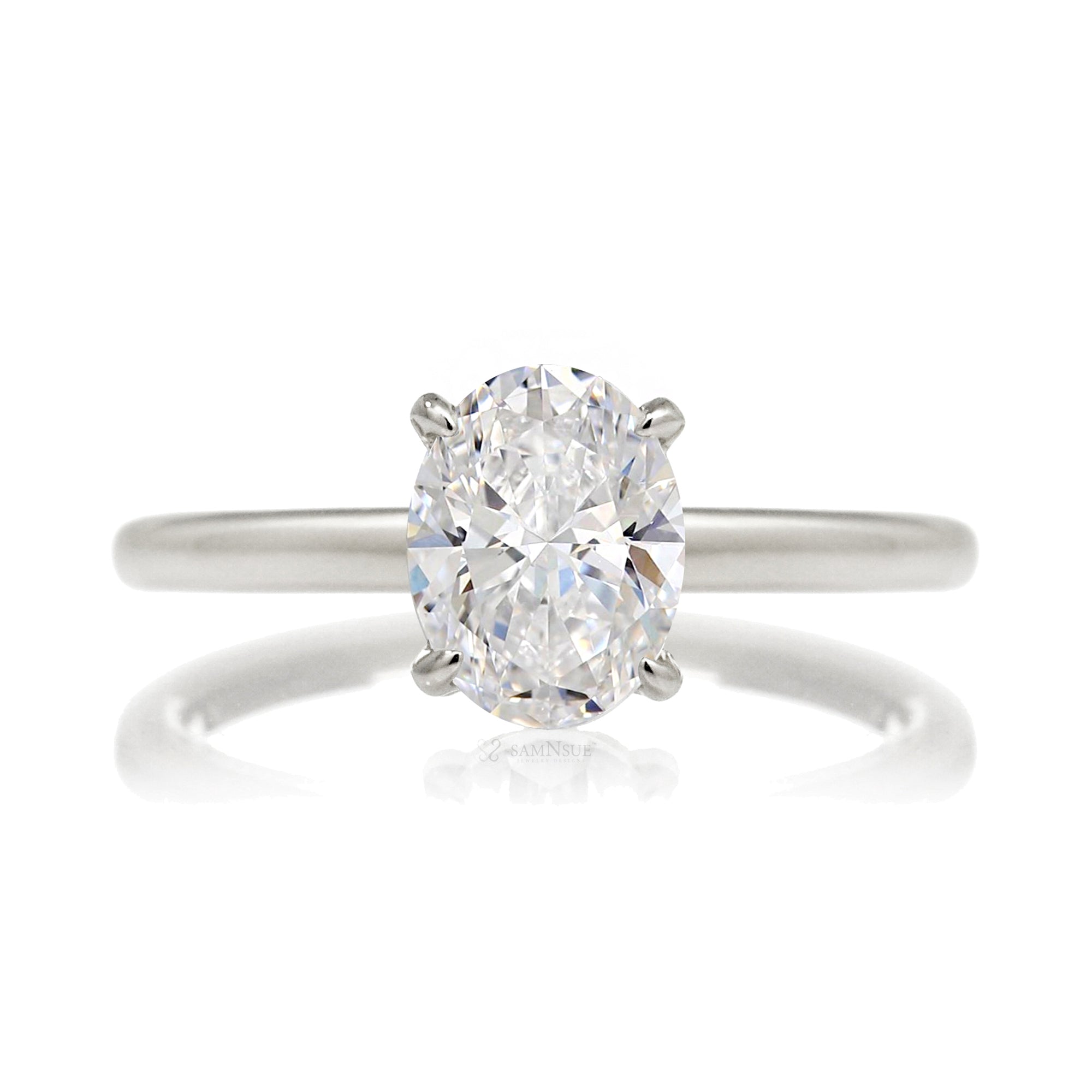 Oval diamond engagement ring solid band hidden halo in white gold