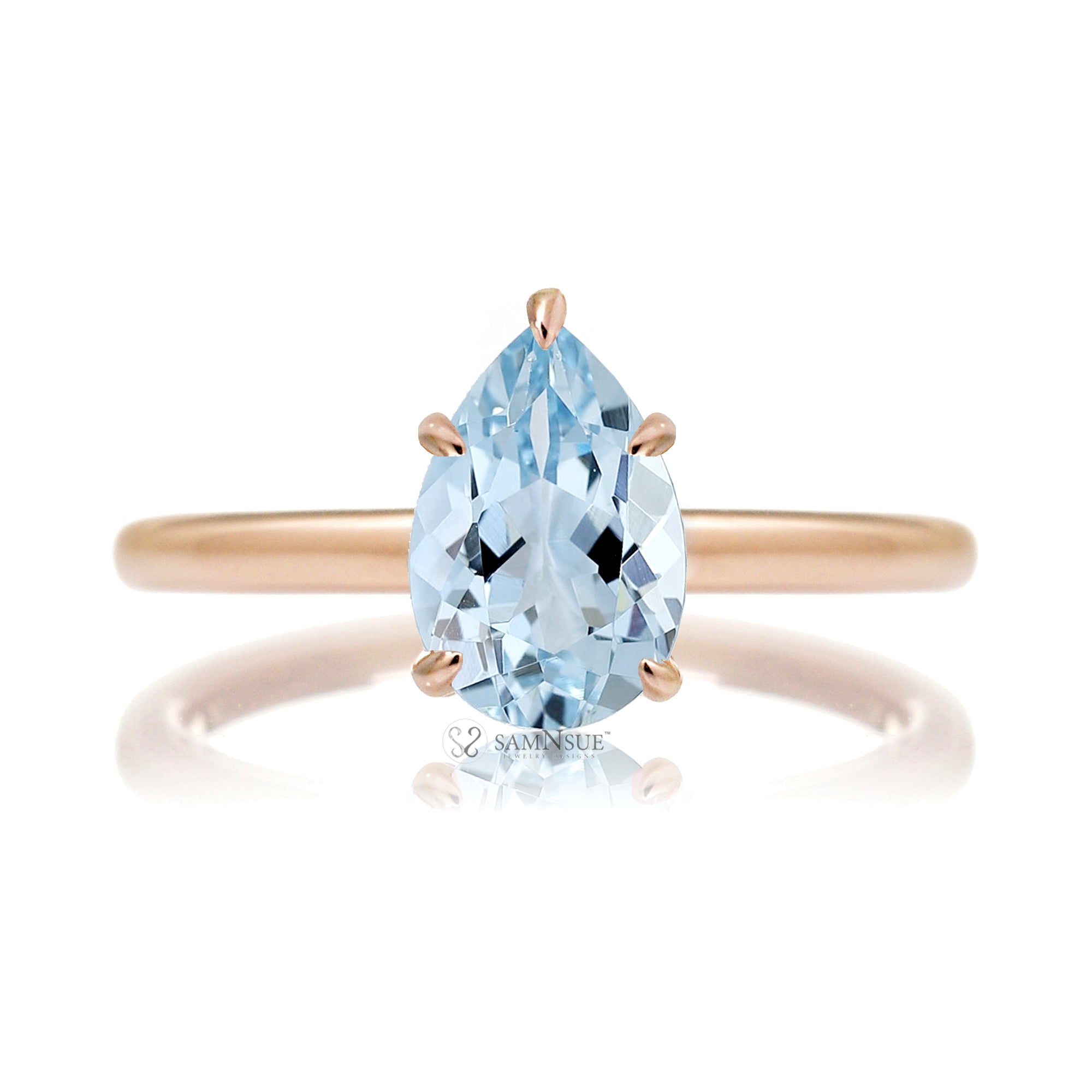 Pear aquamarine ring solitaire with diamond hidden halo in rose gold