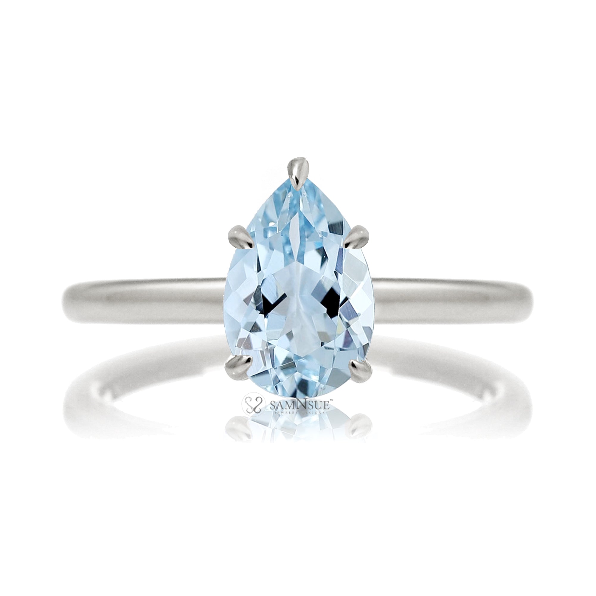 Pear aquamarine ring solitaire with diamond hidden halo in white gold
