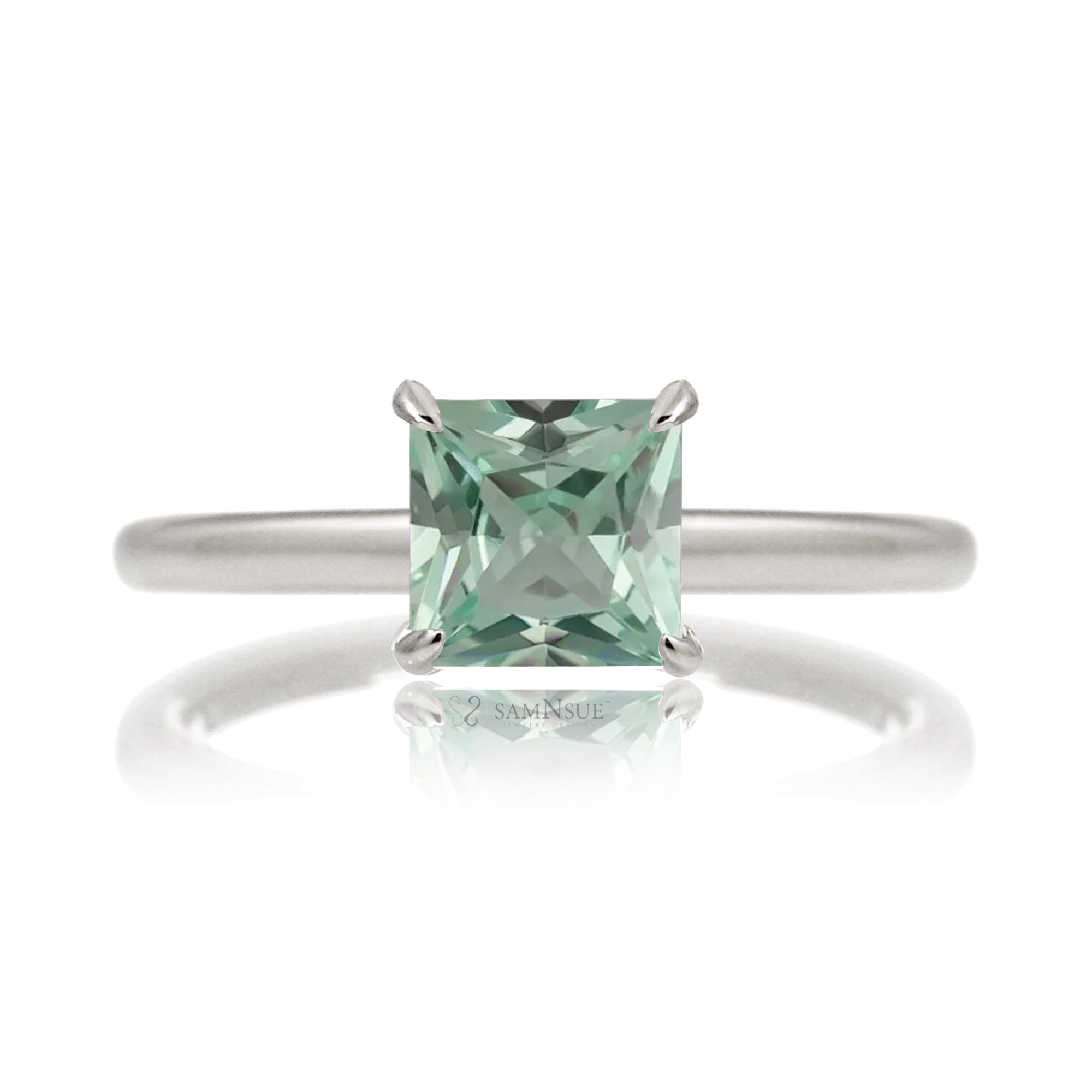 Princess cut lab green sapphire solitaire engagement ring in white gold