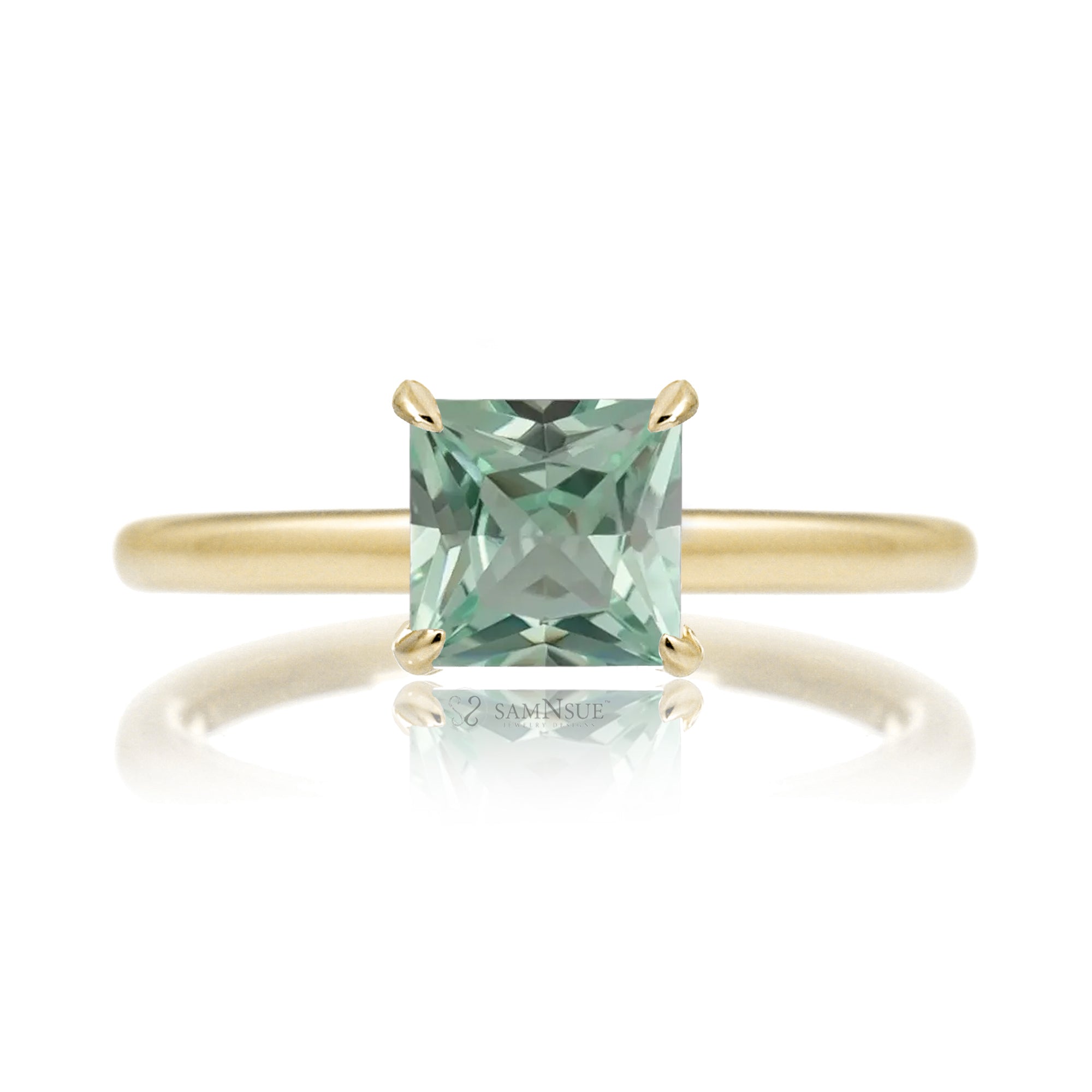 Princess cut lab green sapphire solitaire engagement ring in yellow gold