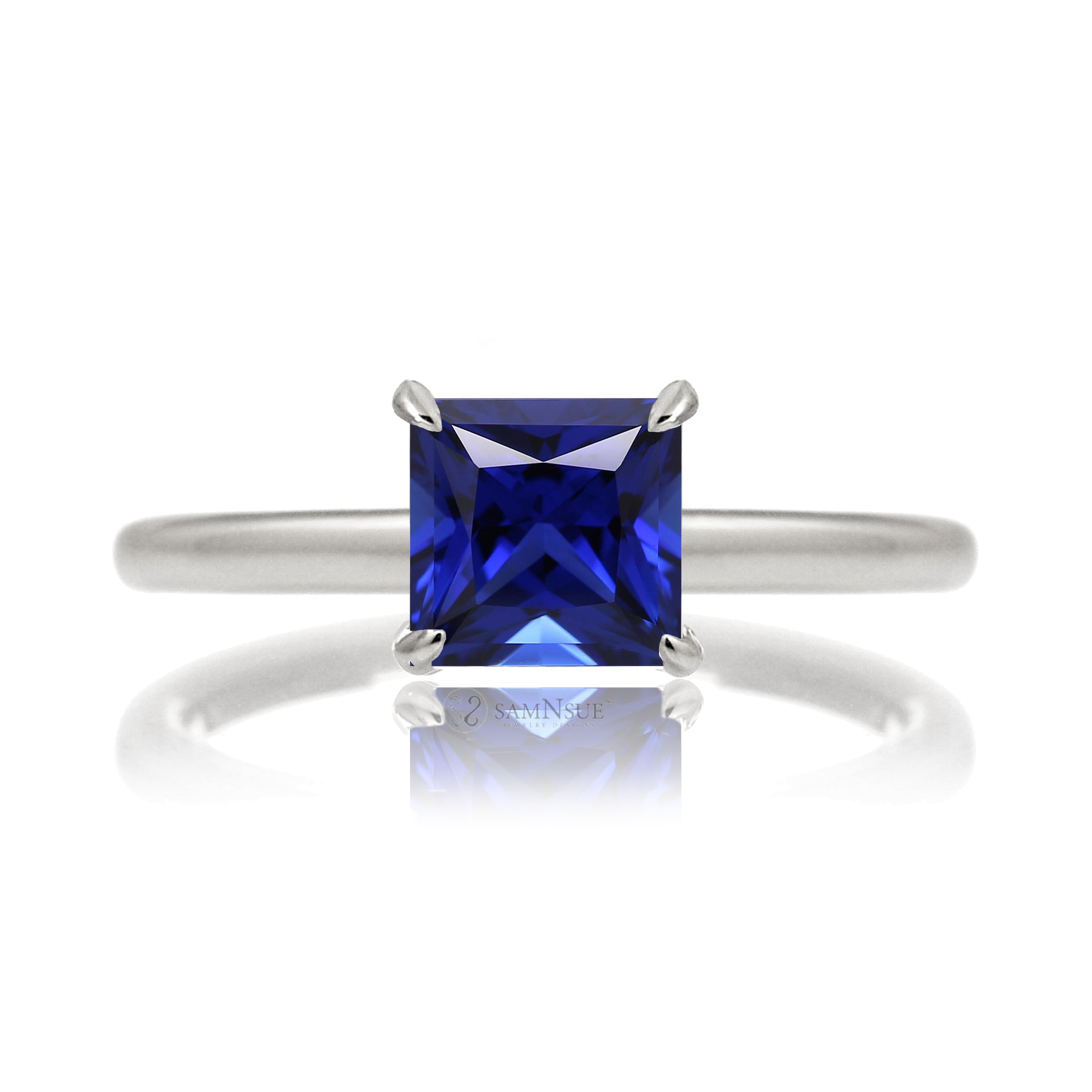 Princess Blue Sapphire Engagement Ring Solitaire Hidden Diamond Accent
