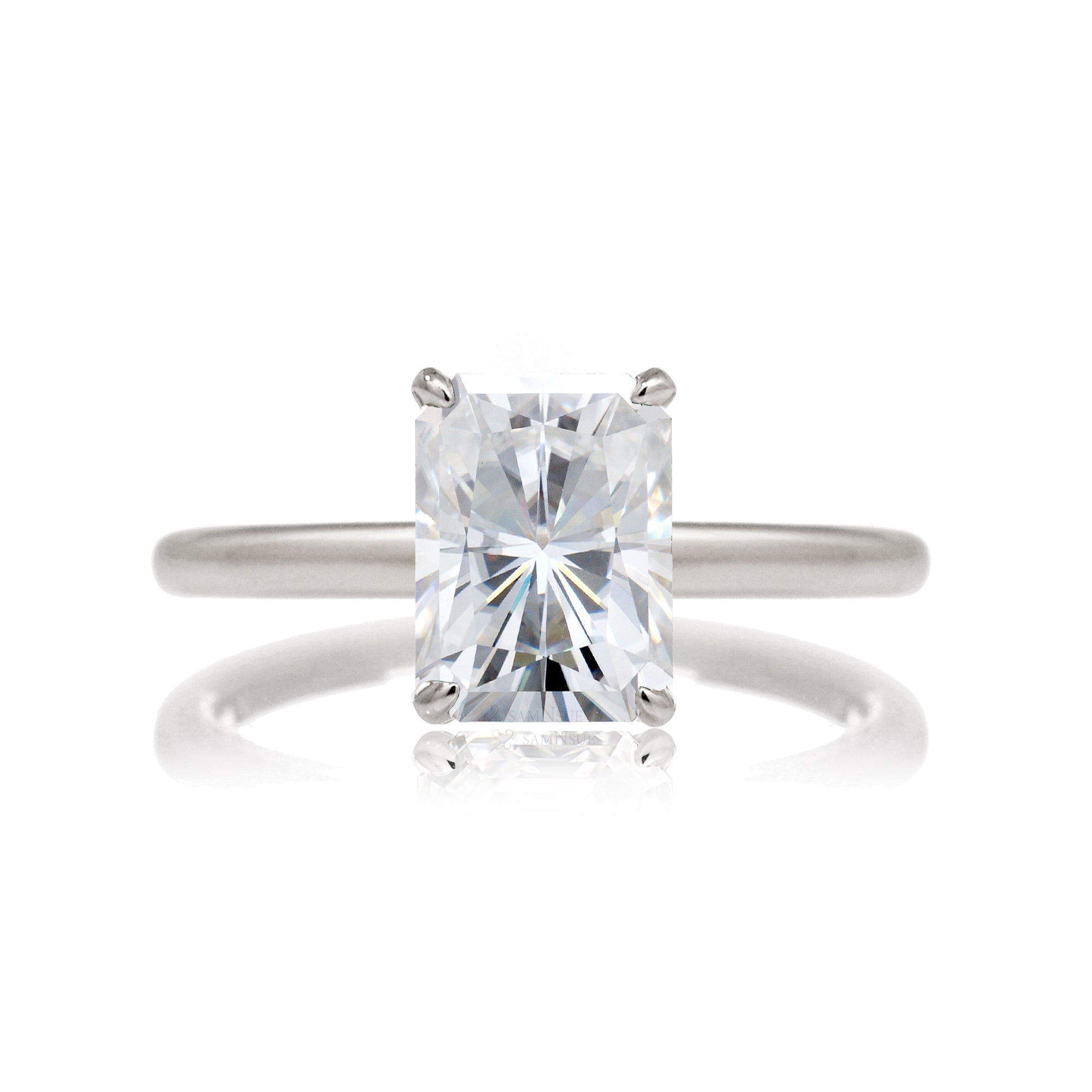 Radiant Moissanite solitaire engagement ring hidden halo solid band white gold