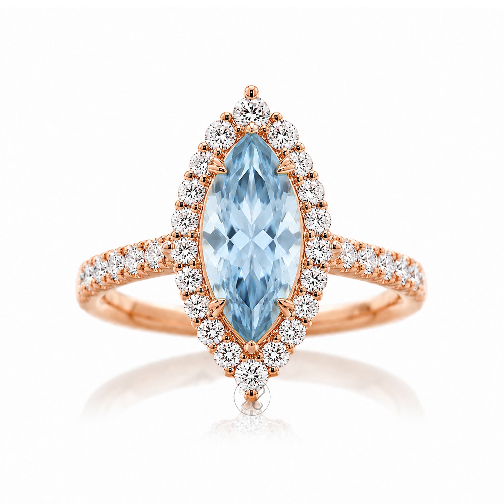 Marquise aquamarine diamond halo and band ring in rose gold