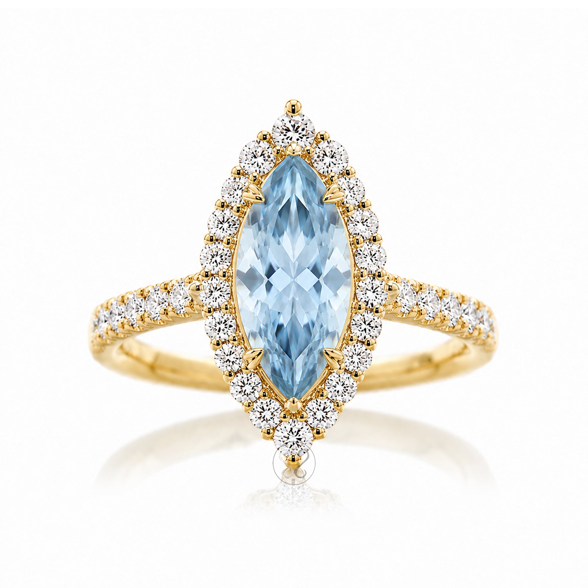 Marquise aquamarine diamond halo and band ring in yellow gold